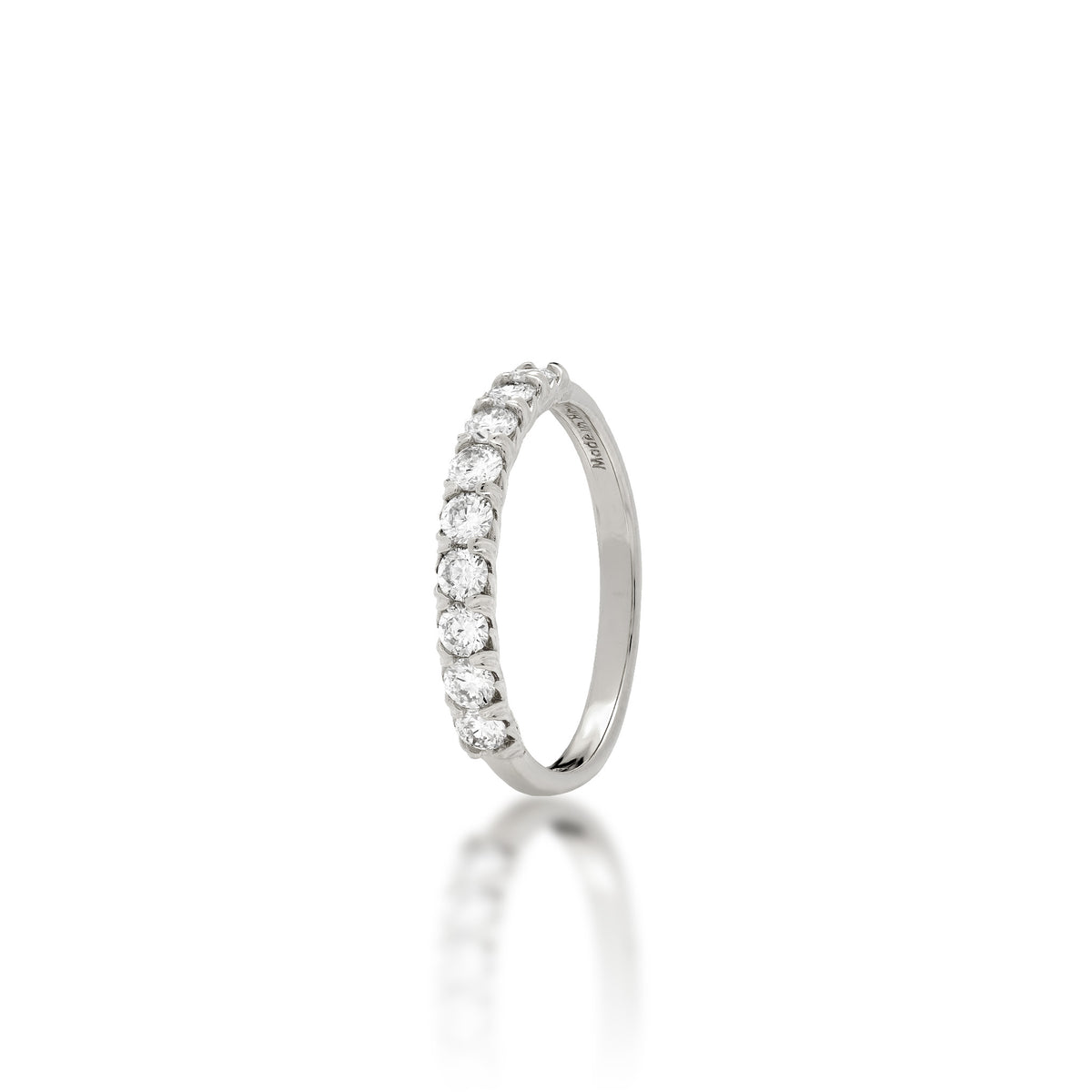 A 3mm 14k white gold anniversary ring featuring a row of Lab Grown Diamonds with maile leaf detailed prongs shown on a white background
