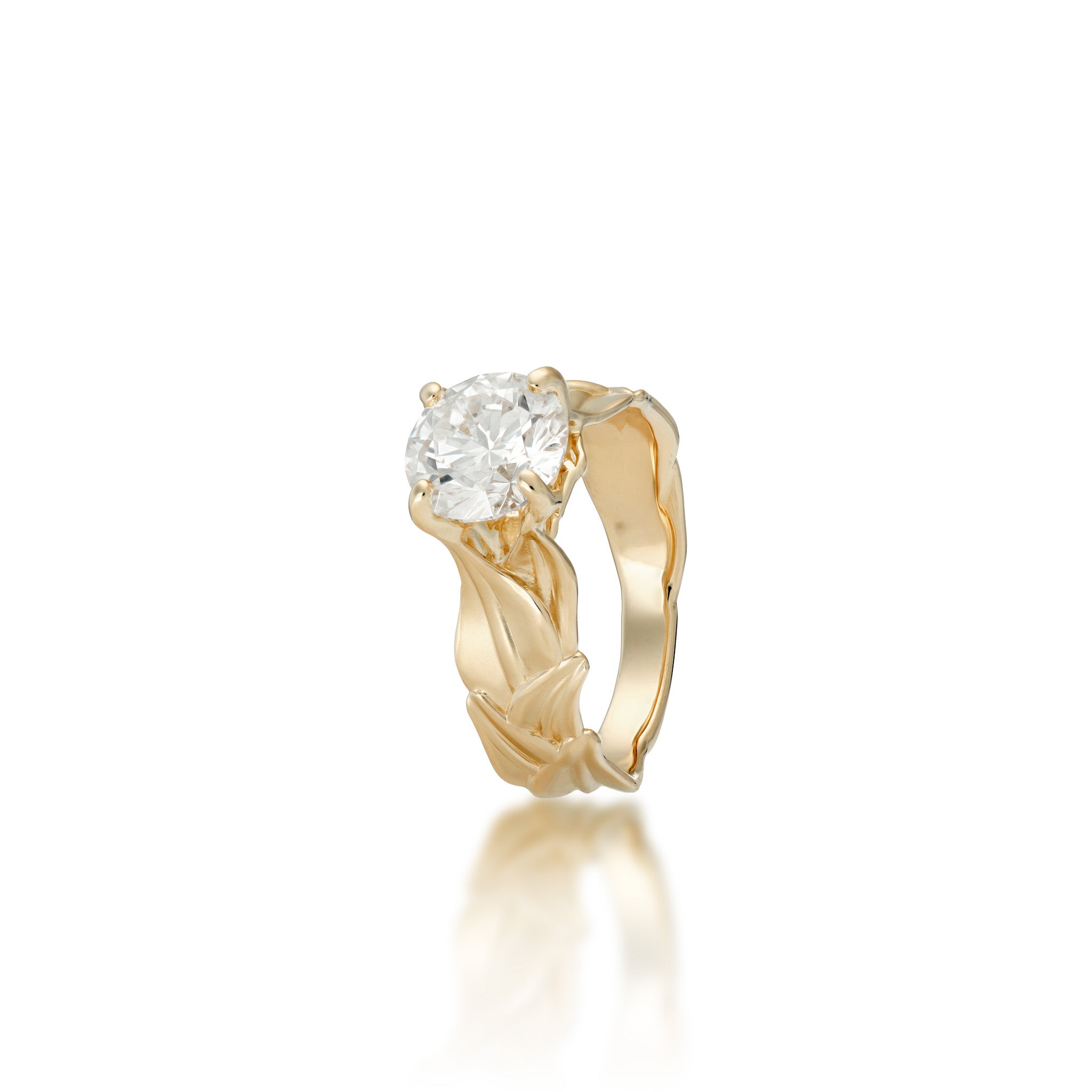 Angled view of the 7mm Maile 2.03 Carat Lab Grown Diamond Engagement Ring in 14k Yellow Gold