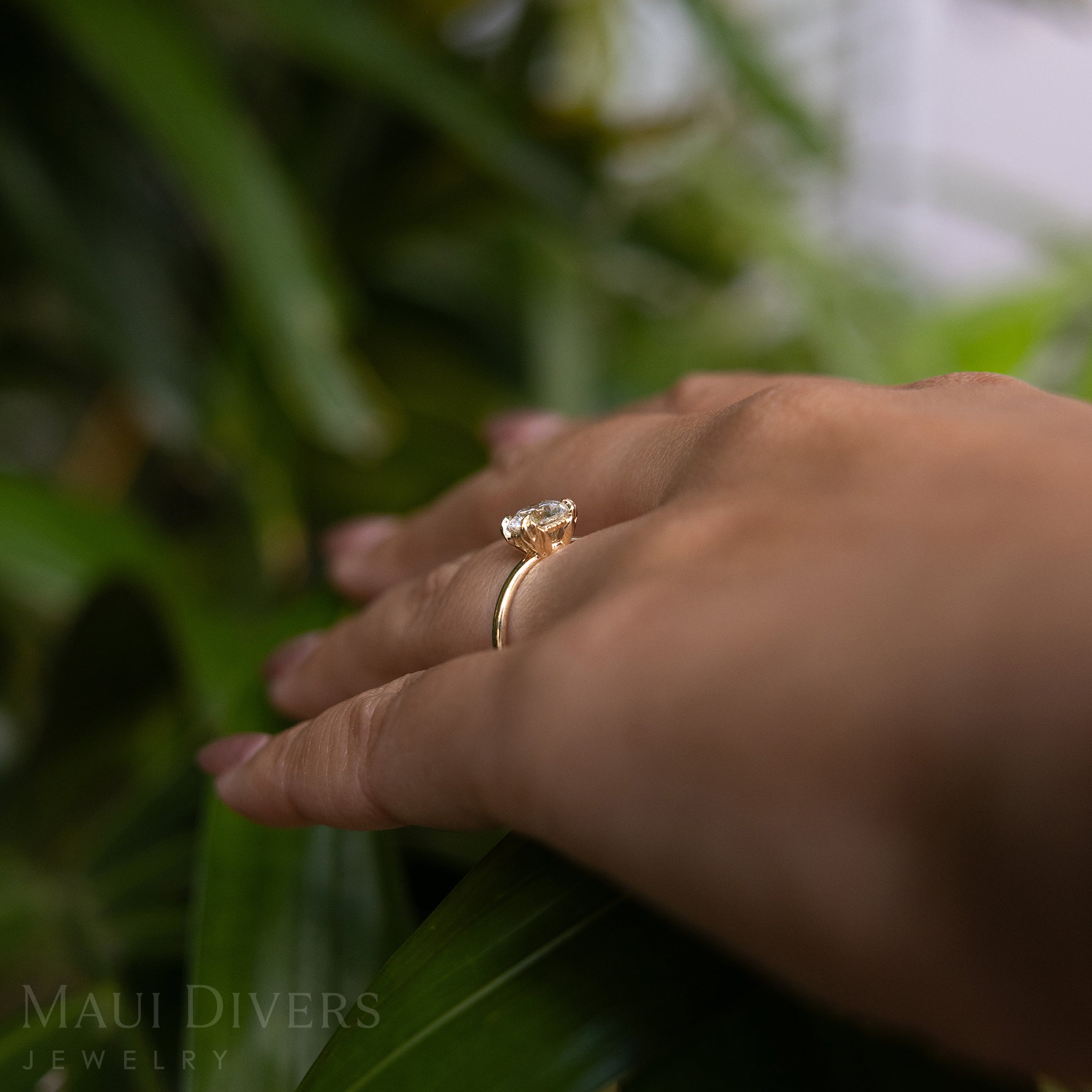 Angled Close-Up View of Woman's Hand Wearing a Hidden Hawaiʻi Maile Ring in 14k Yellow Gold with a Lab Grown Diamond Against a Blurred Green Leaf Background