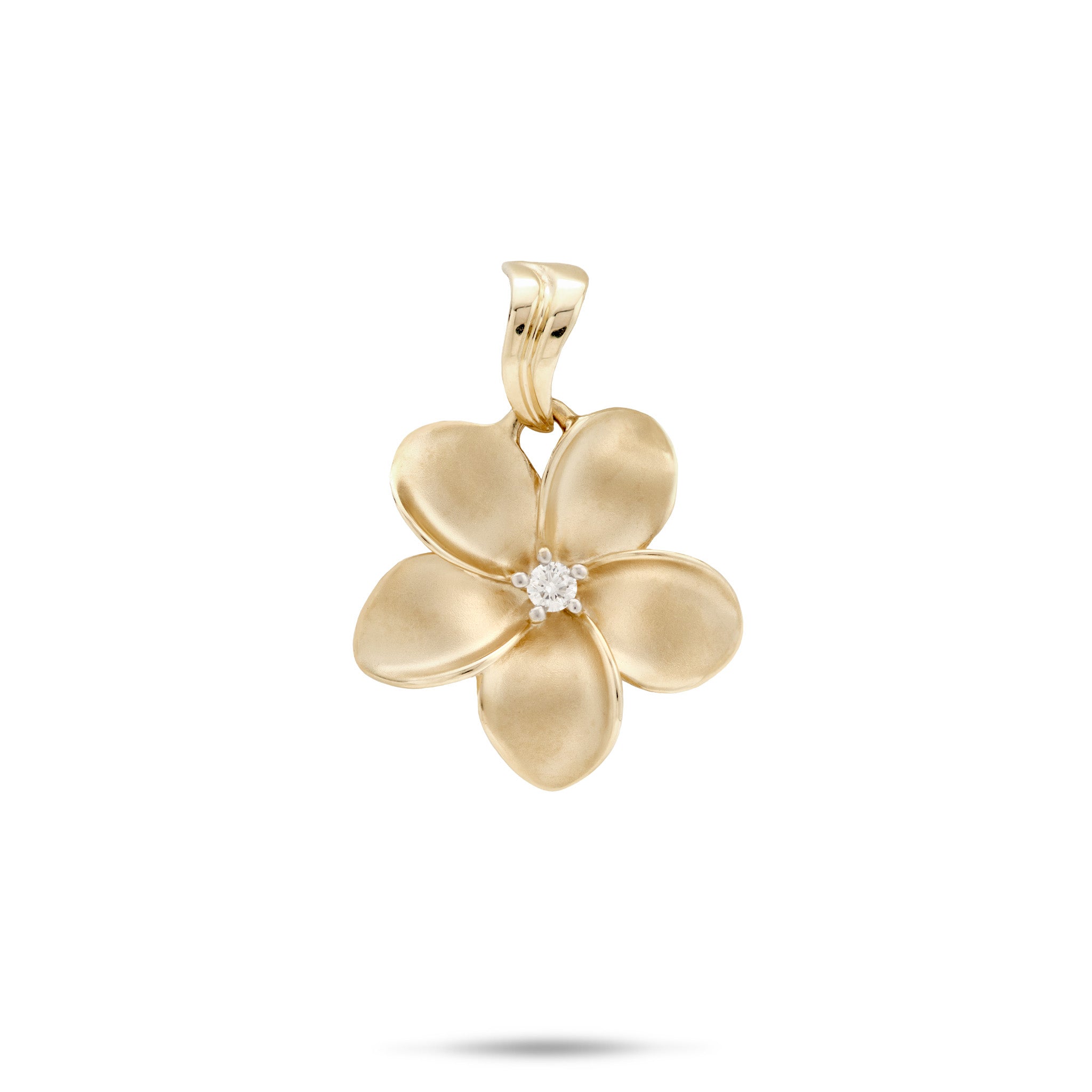 An 18mm 14k yellow gold Plumeria flower pendant with five petals, a diamond at the center,  and a wavy high-polish bail, shown on a plain white background.