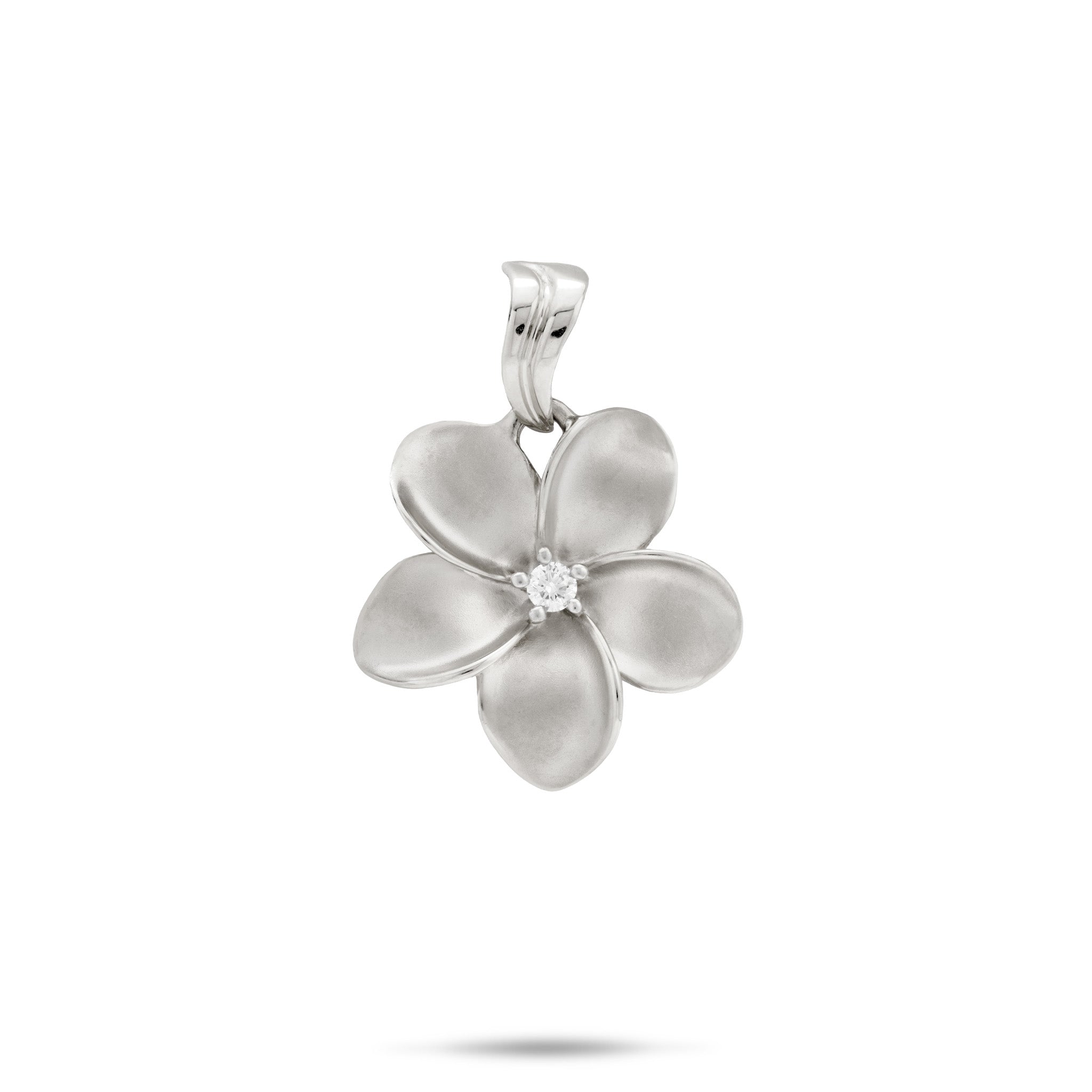 An 18mm 14k White Gold Plumeria Pendant with five petals and a diamond at the center and a wavy high-polish bail against a white background