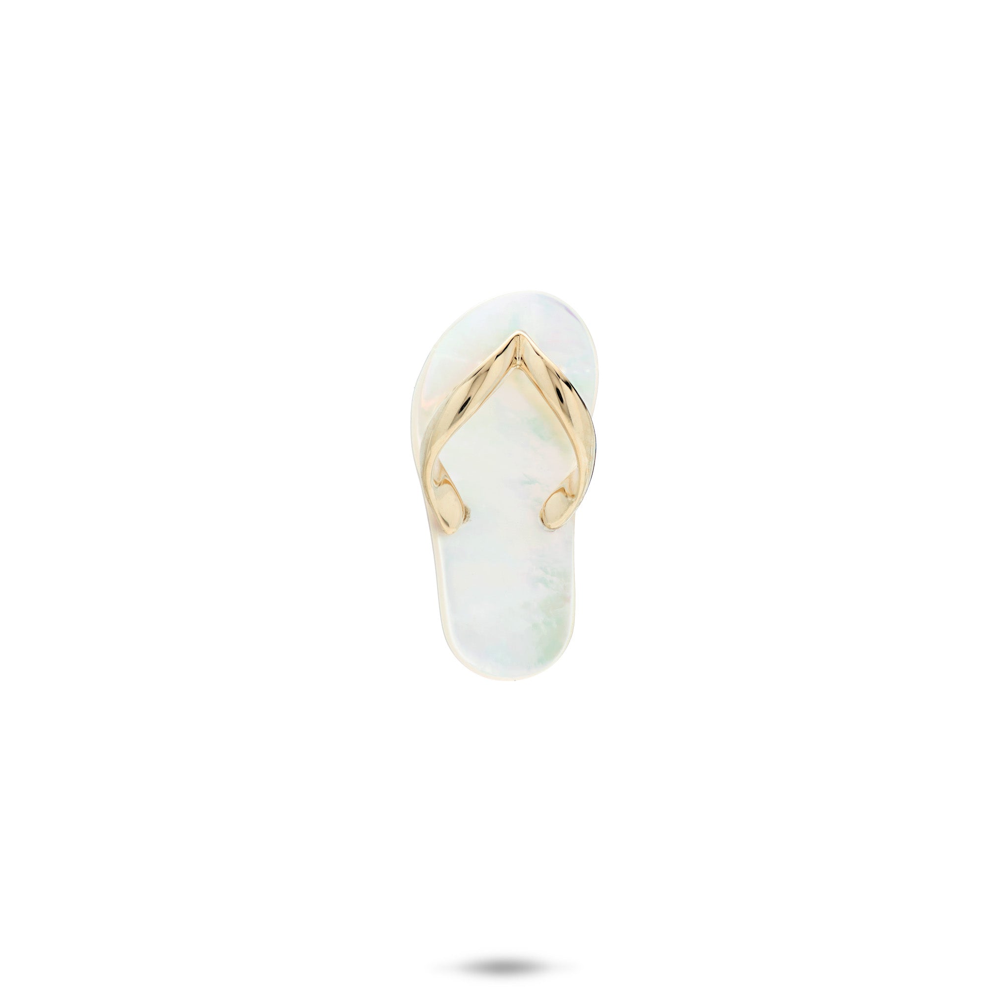 20mm White Mother of Pearl Slipper Pendant with 14k Yellow Gold Straps on White Background