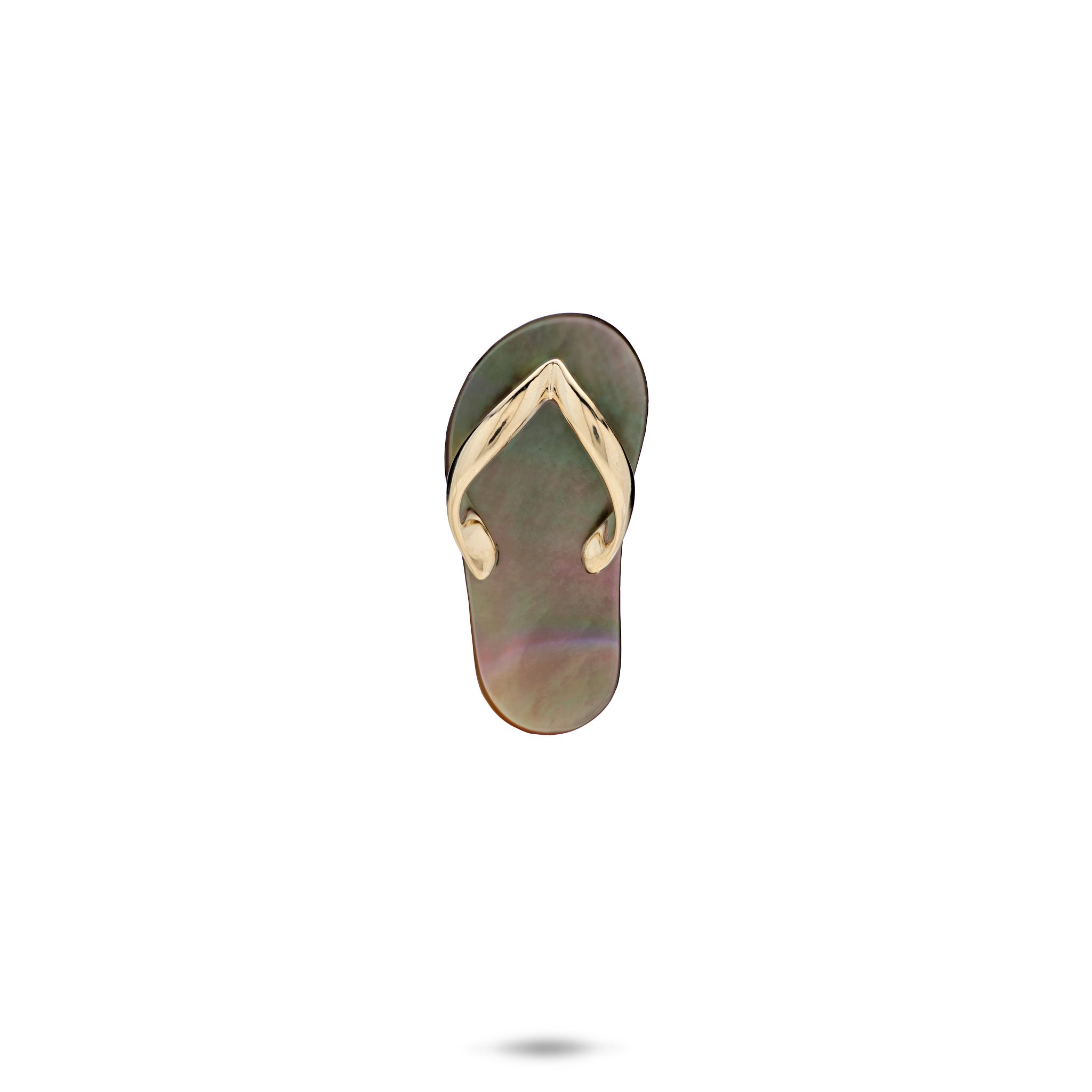 20mm Tahitian Mother of Pearl Slipper Pendant with 14k Yellow Gold Straps on a white background