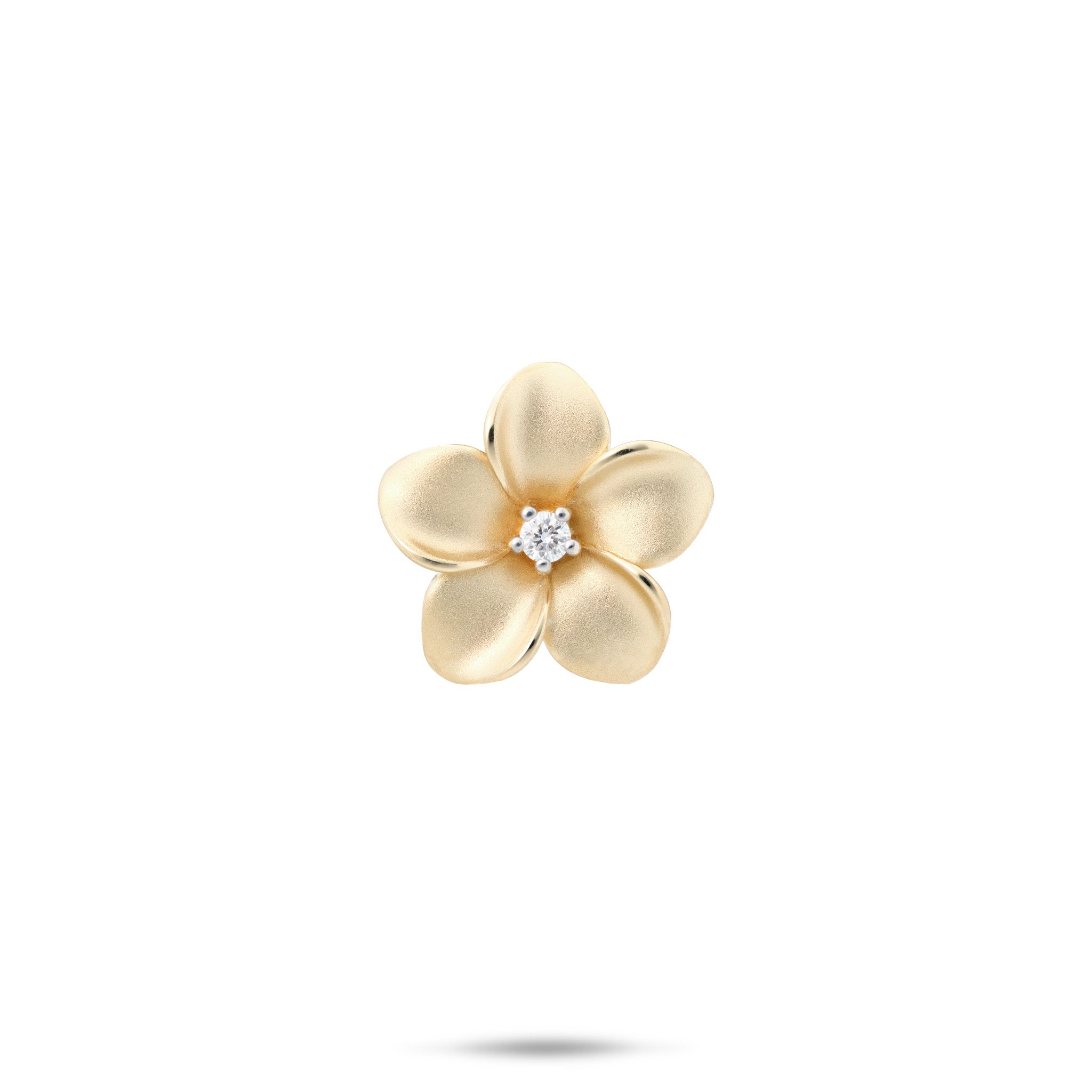 16mm Satin Finish Plumeria Pendant with Diamond Center in 14k Yellow Gold on White Background