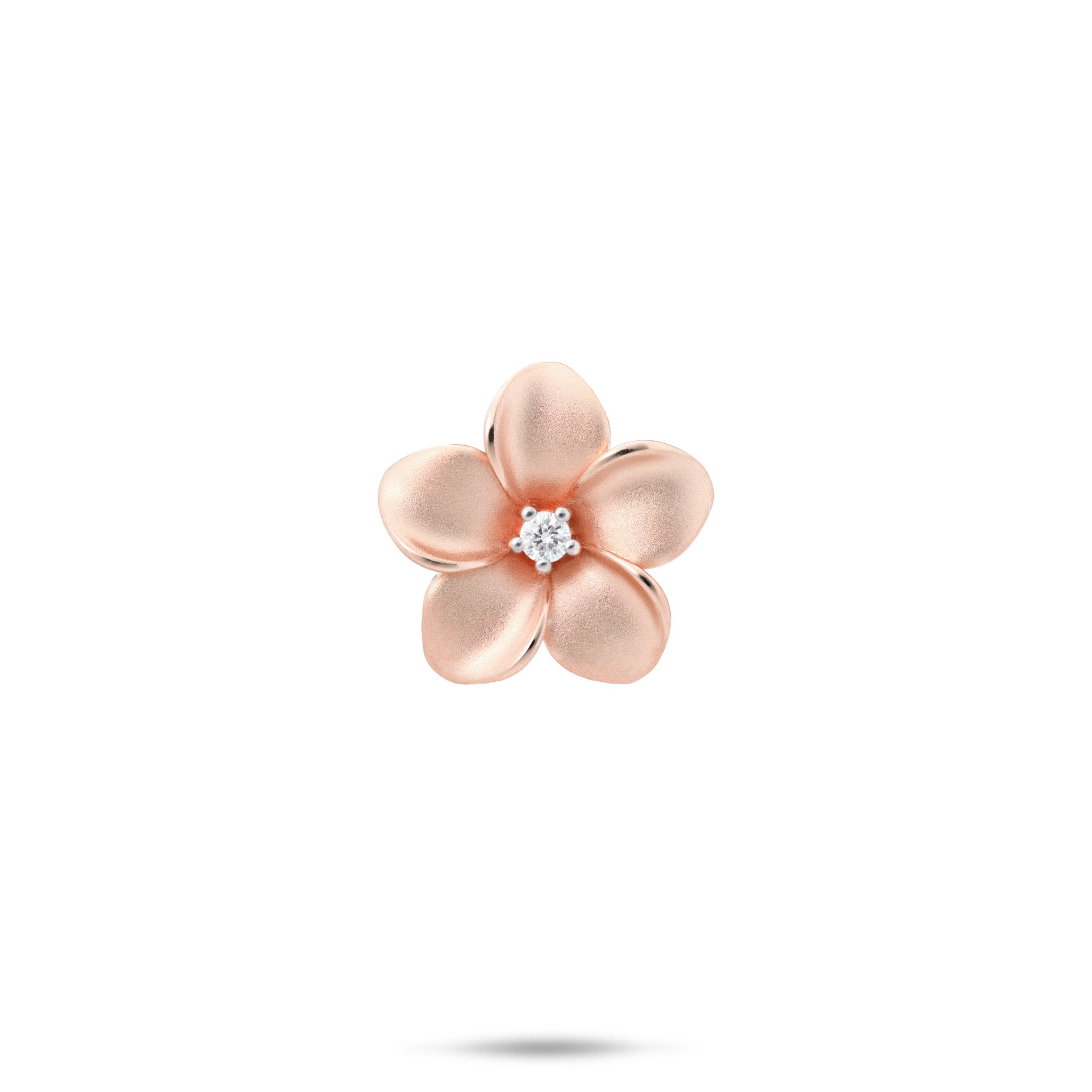 16mm Satin Finish Plumeria Pendant with Diamond Center in 14k Rose Gold on White Background
