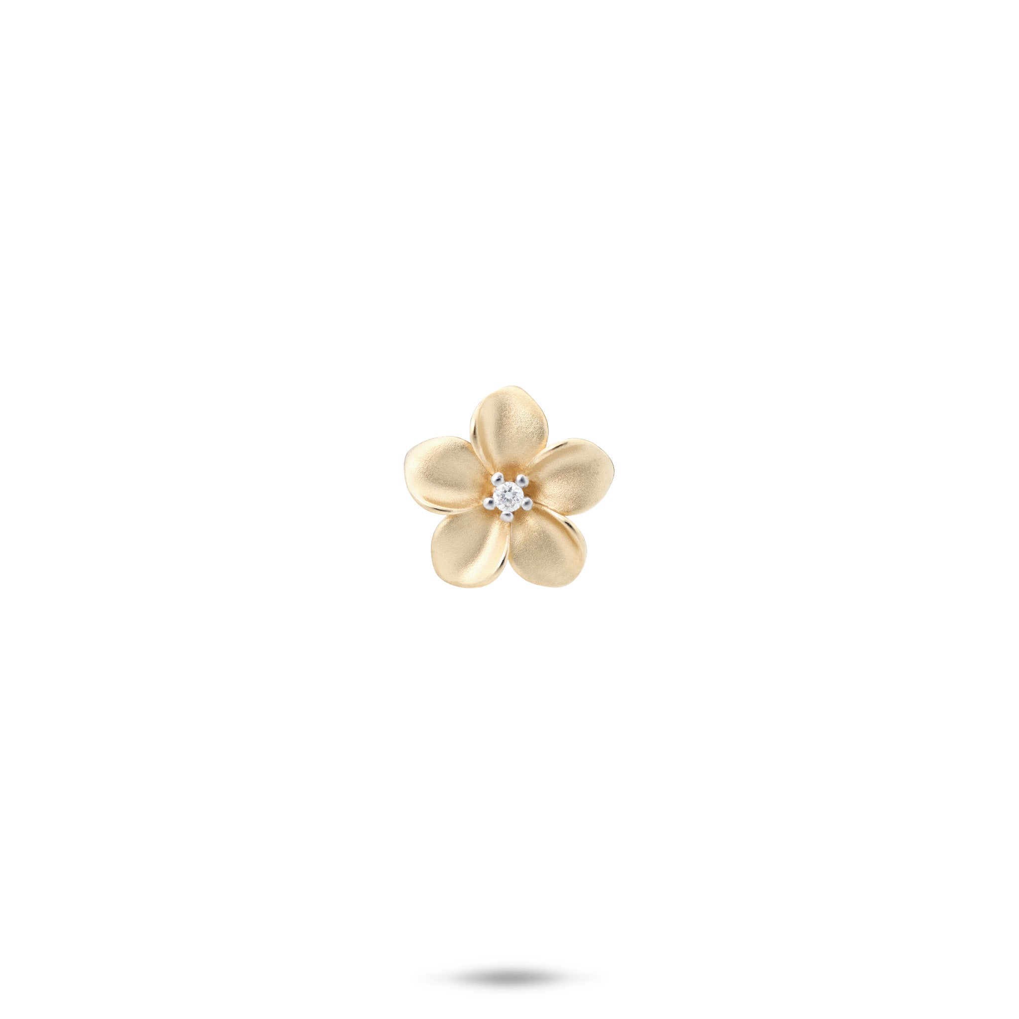 11mm Satin Finish Plumeria Pendant with Diamond Center in 14k Yellow Gold on White Background