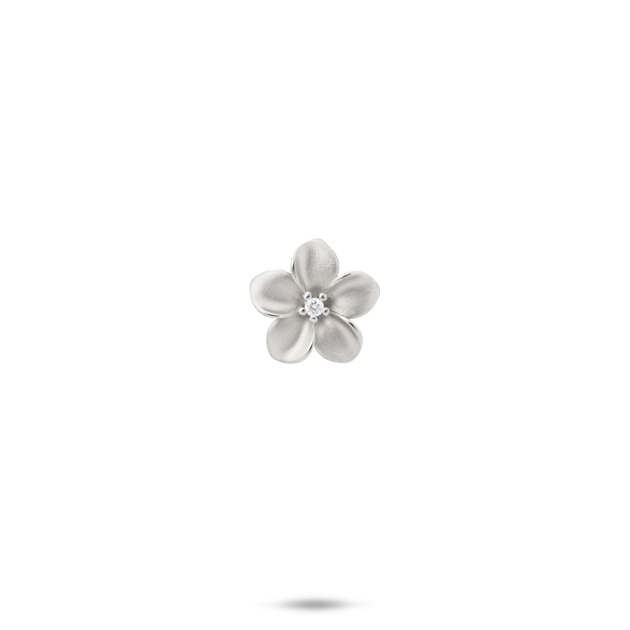 11mm Satin Finish Plumeria Pendant with Diamond Center in 14k White Gold on White Background
