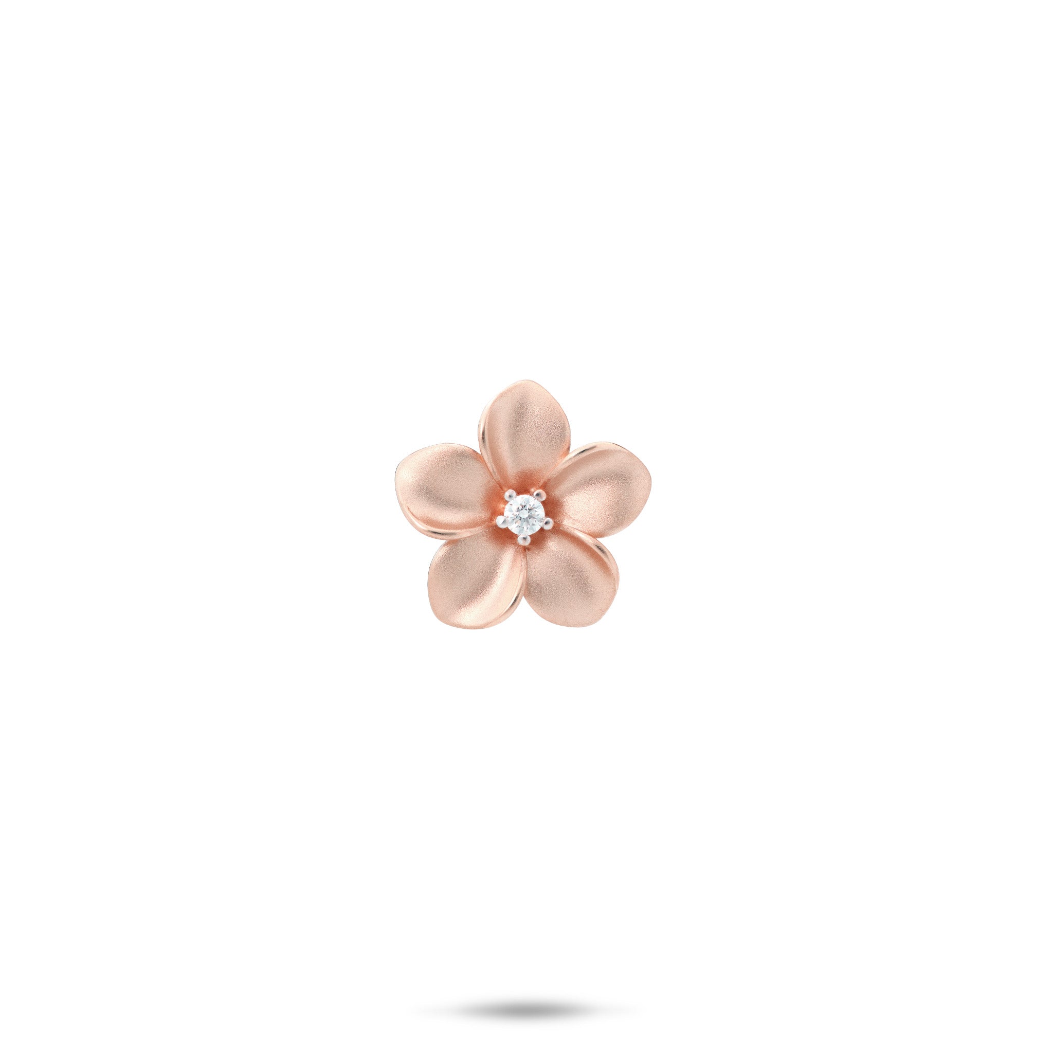 13mm Satin Finish Plumeria Pendant with Diamond Center in 14k Rose Gold on White Background