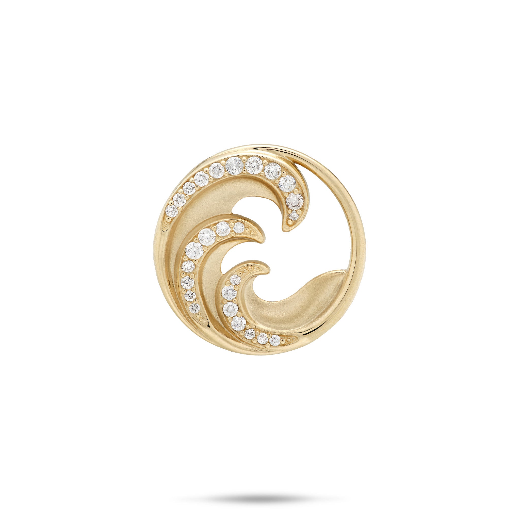 22mm Round Nalu (Wave) Pendant in 14k Yellow Gold with Triple Wave Diamond design with satin finish and high-polish edges on white background 