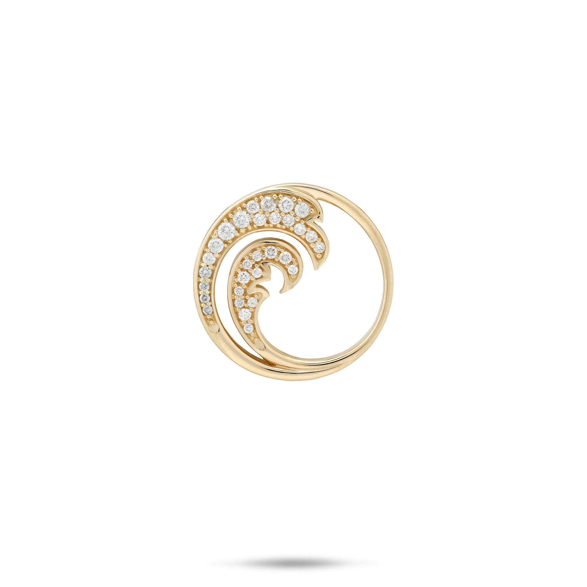 18mm Circle Ocean Wave Pendant in 14k Yellow Gold with Double Wave Diamond design on white background