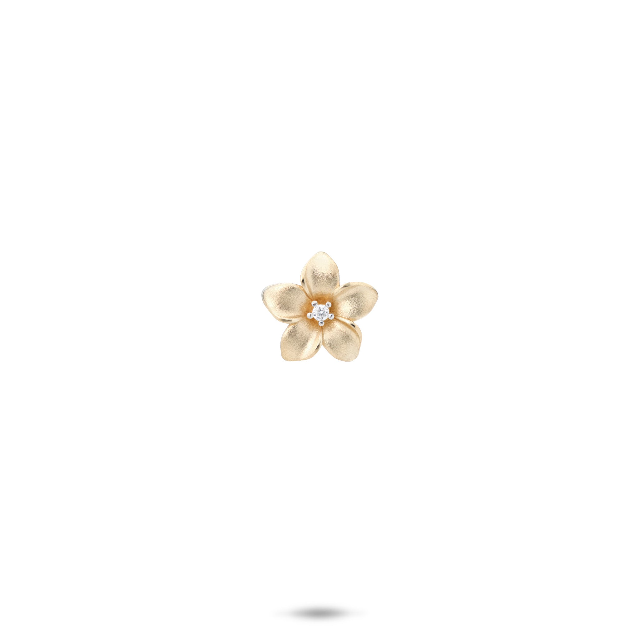 9mm Satin Finish Plumeria Pendant with Diamond Center in 14k Yellow Gold on White Background