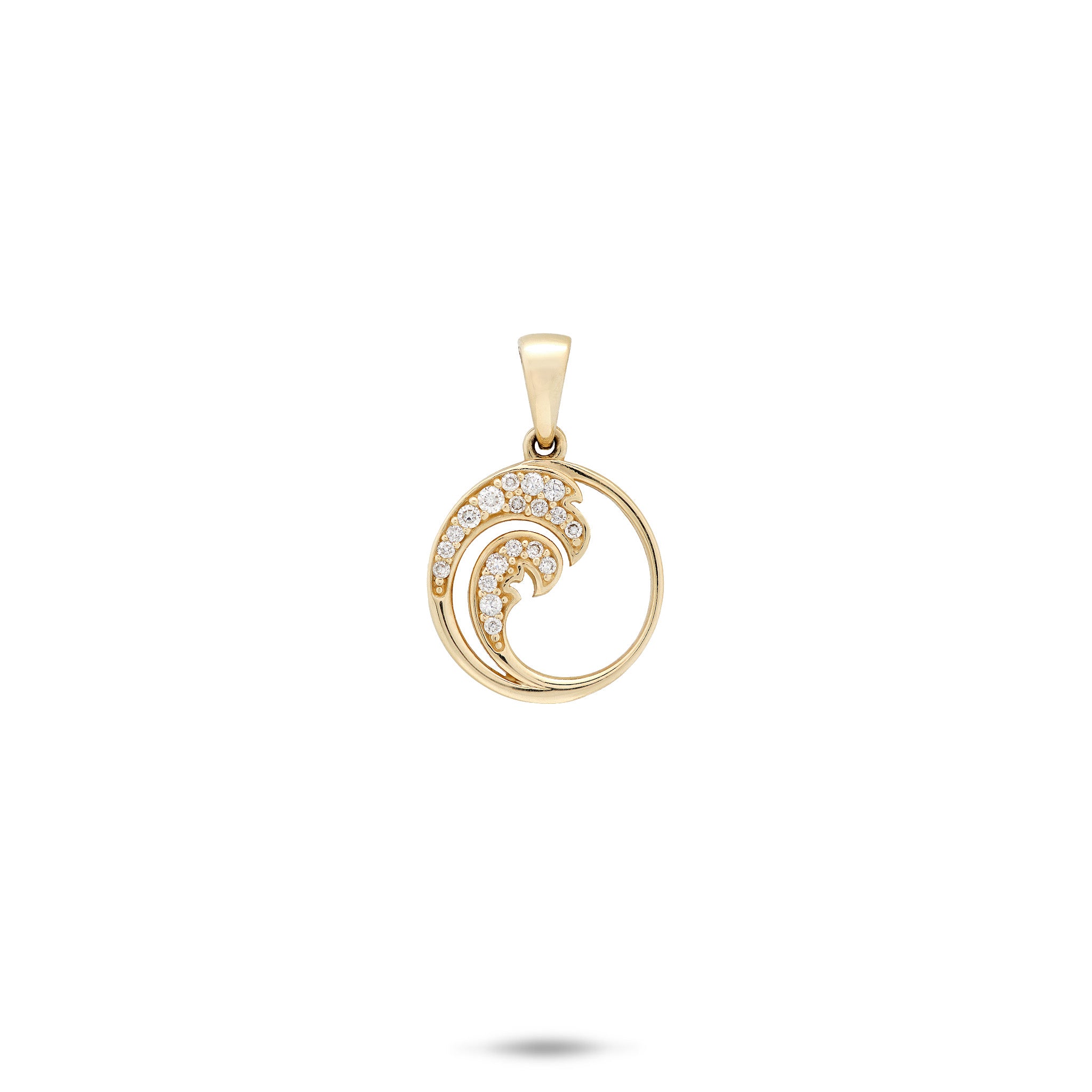 12mm round Nalu Pendant in 14k Yellow Gold with double diamond wave and high-polish bail on a white background
