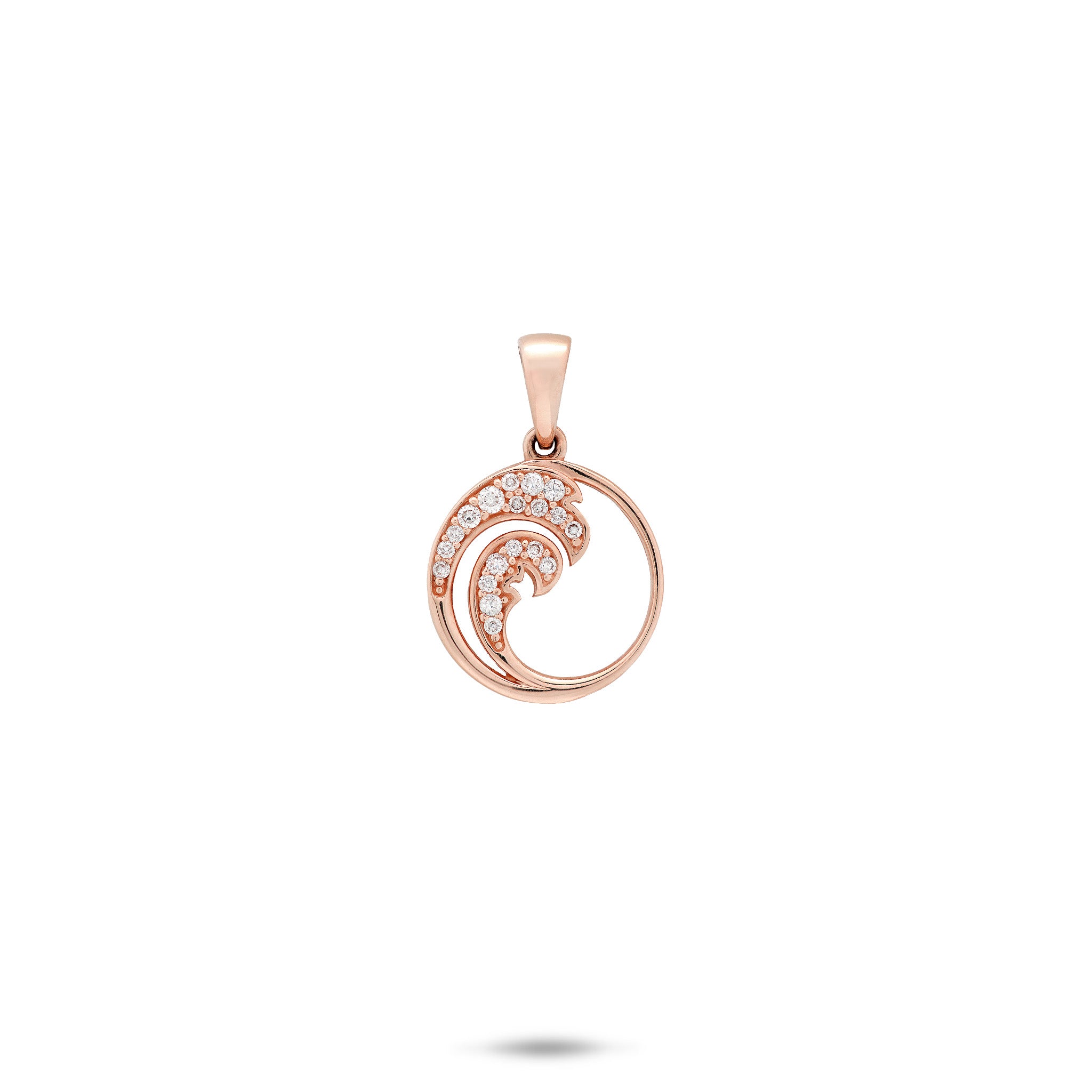 12mm Round, High-polish, Diamond, Ocean Wave Pendant with Bail in 14k Rose Gold on a white background