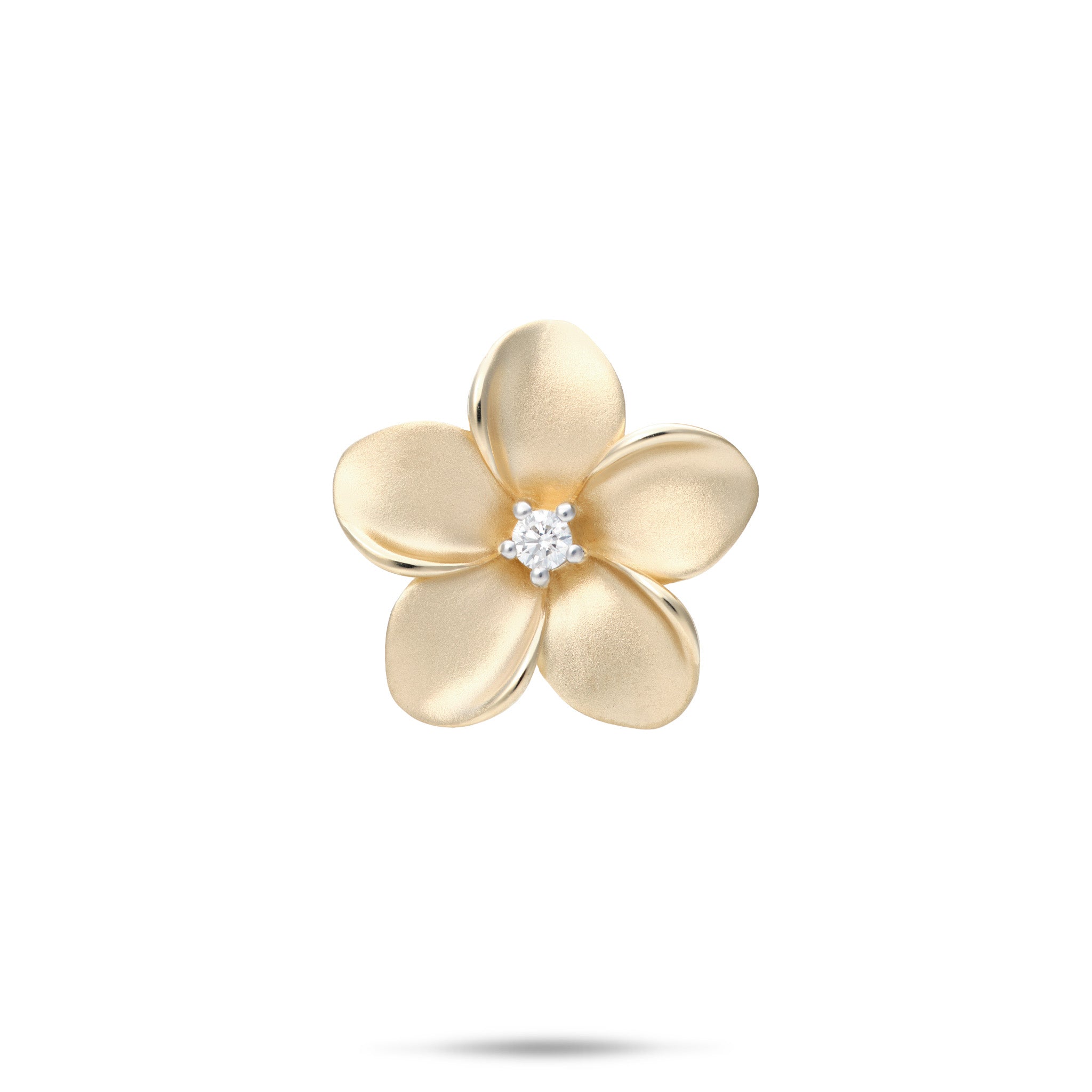 20mm Satin Finish Plumeria Pendant in Gold with Diamond center on white background