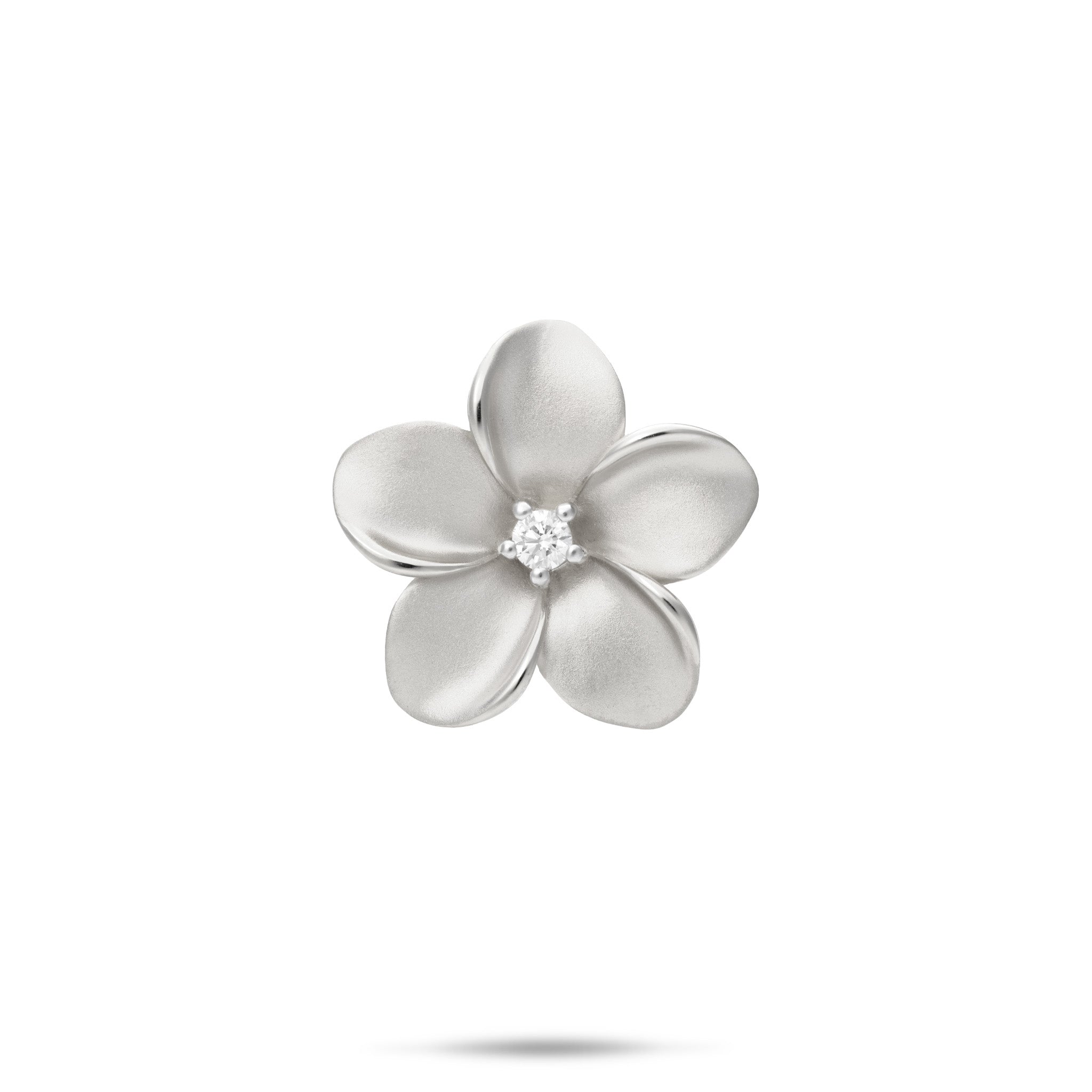 20mm Satin Finish Plumeria Pendant in White Gold with Diamond center on white background