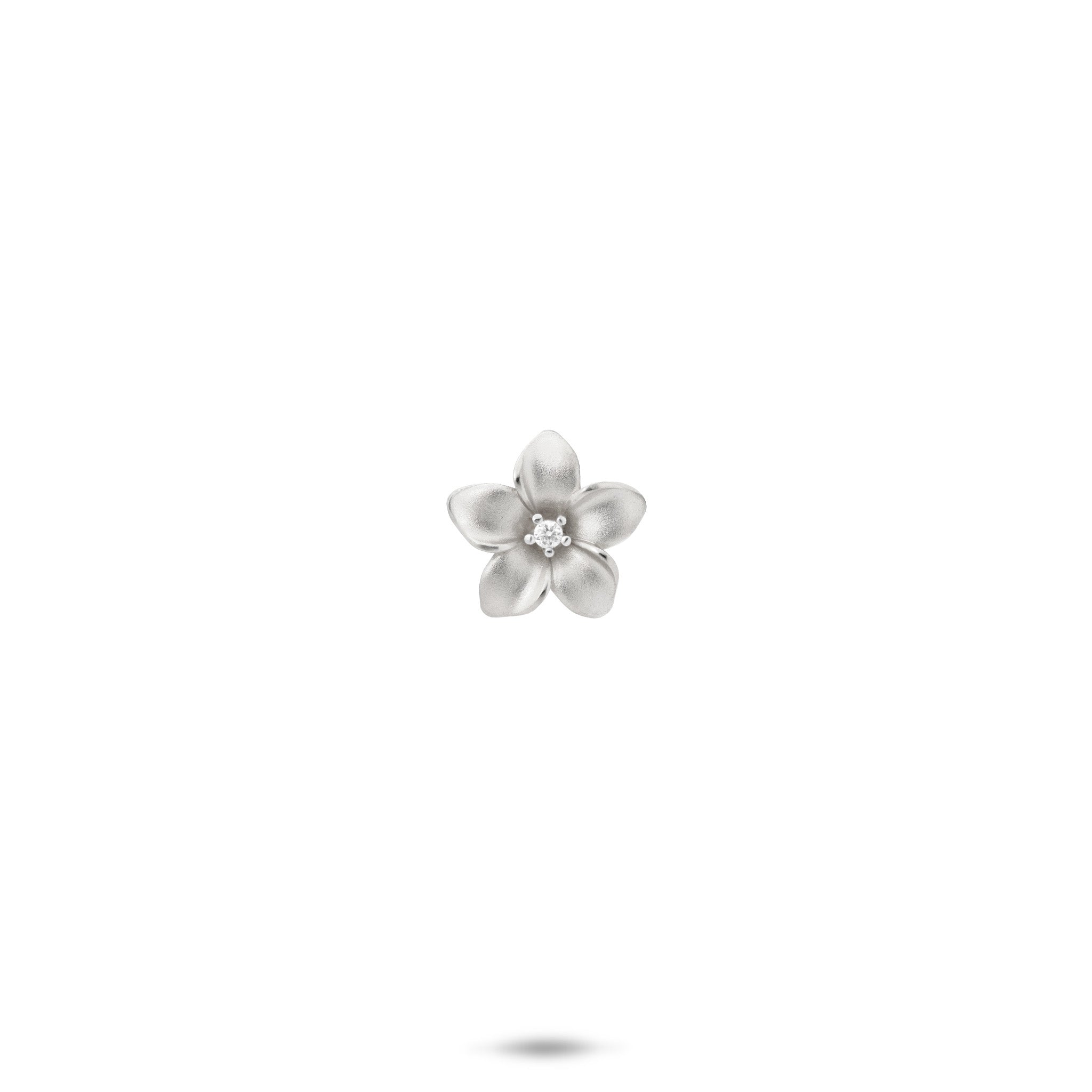 9mm Satin Finish Plumeria Pendant with Diamond Center in 14k White Gold on White Background