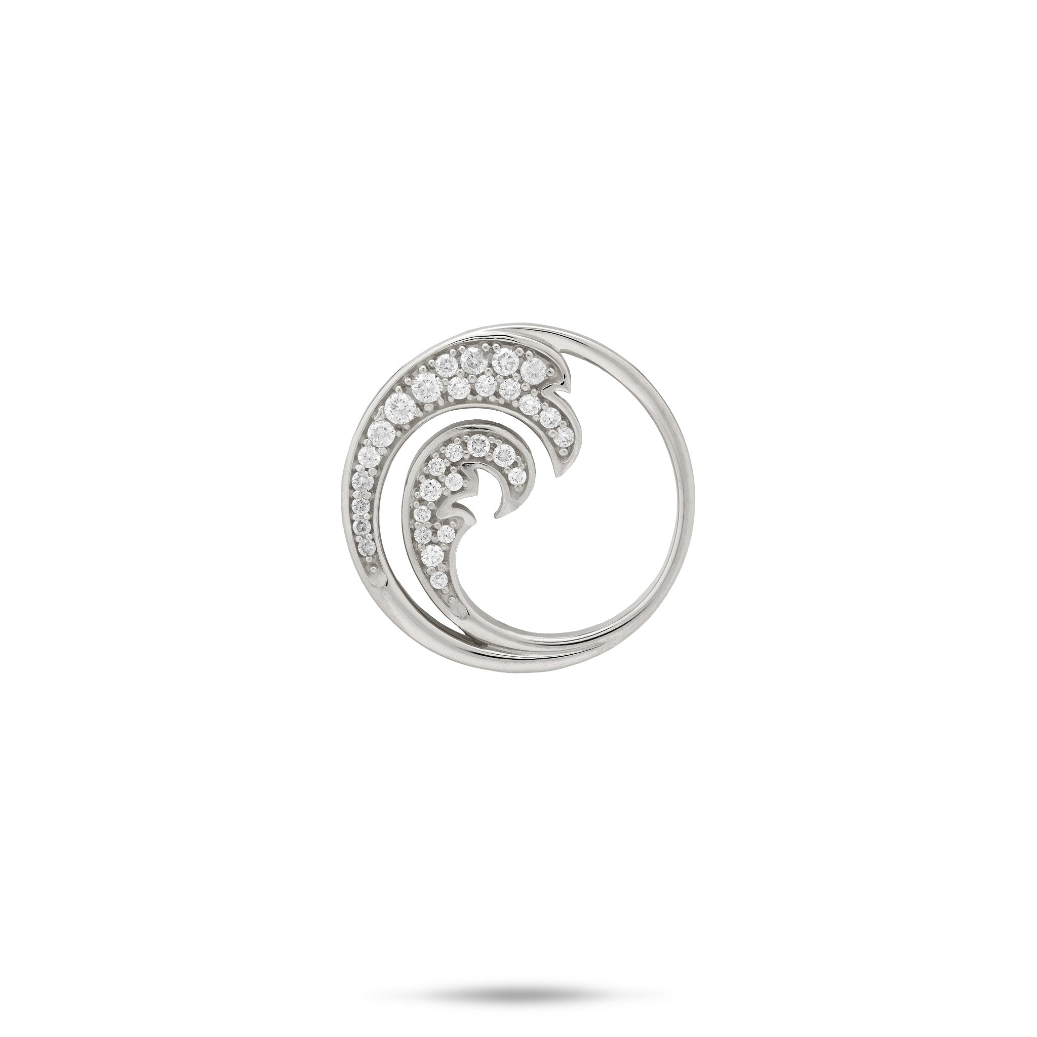 18mm Round Ocean Wave Pendant in 14k White Gold with Double Wave Diamond design on white background