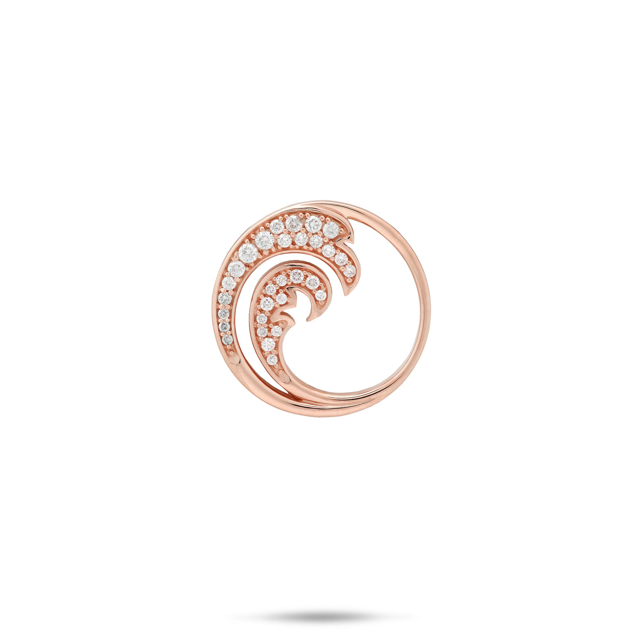 18mm Round Ocean Wave Pendant in 14k Rose Gold with Double Wave Diamond design on white background