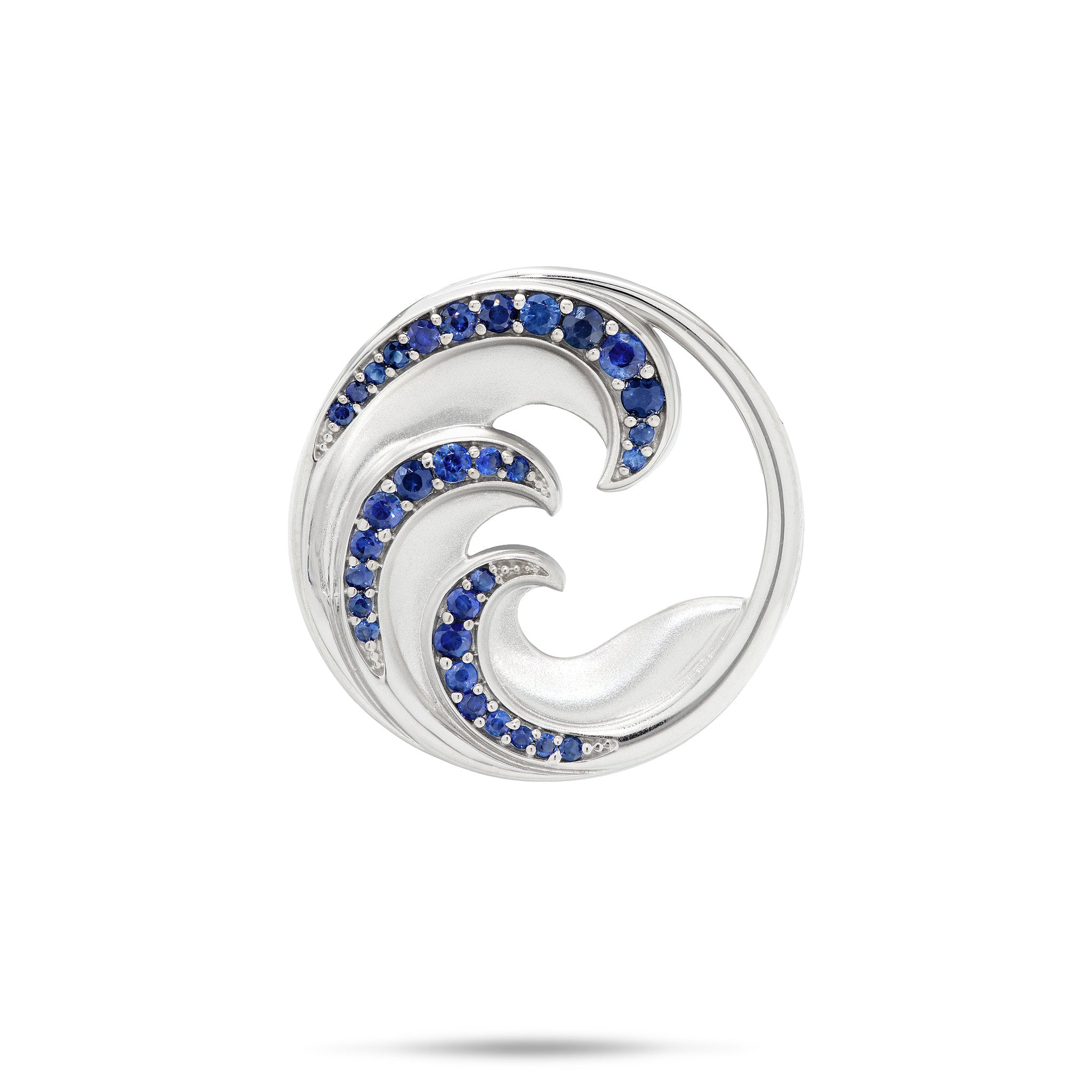 24mm Round Blue Sapphire Nalu (Wave) Pendant in 14k White Gold with a satin finish and high-polish edges on a white background