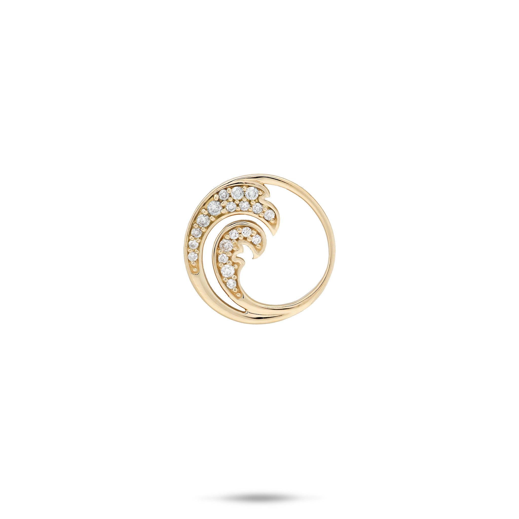 15mm Round, Diamond Ocean Wave Pendant in High-polish 14k Yellow Gold on a white background