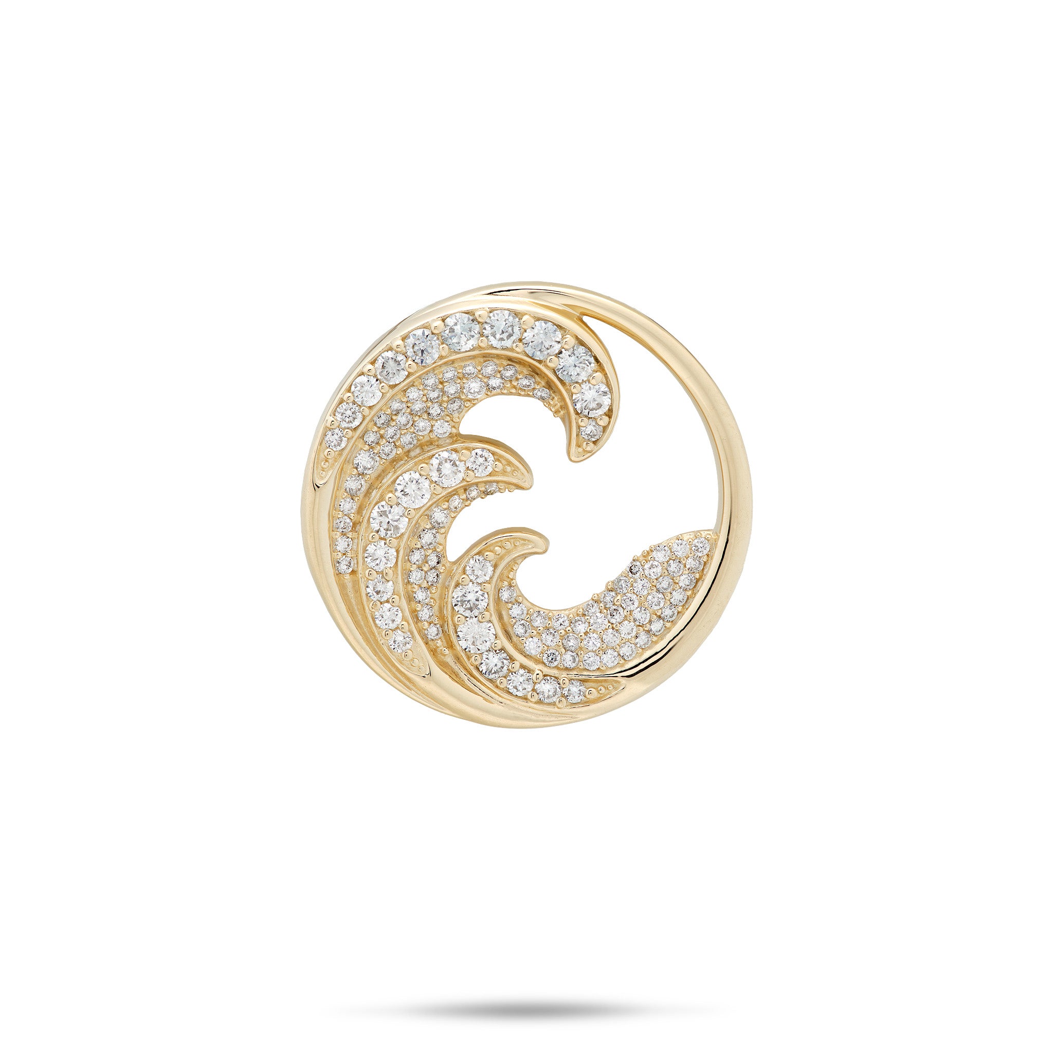22mm Round, Diamond-encrusted Ocean Wave Pendant in high-polish 14k Yellow Gold on a white background