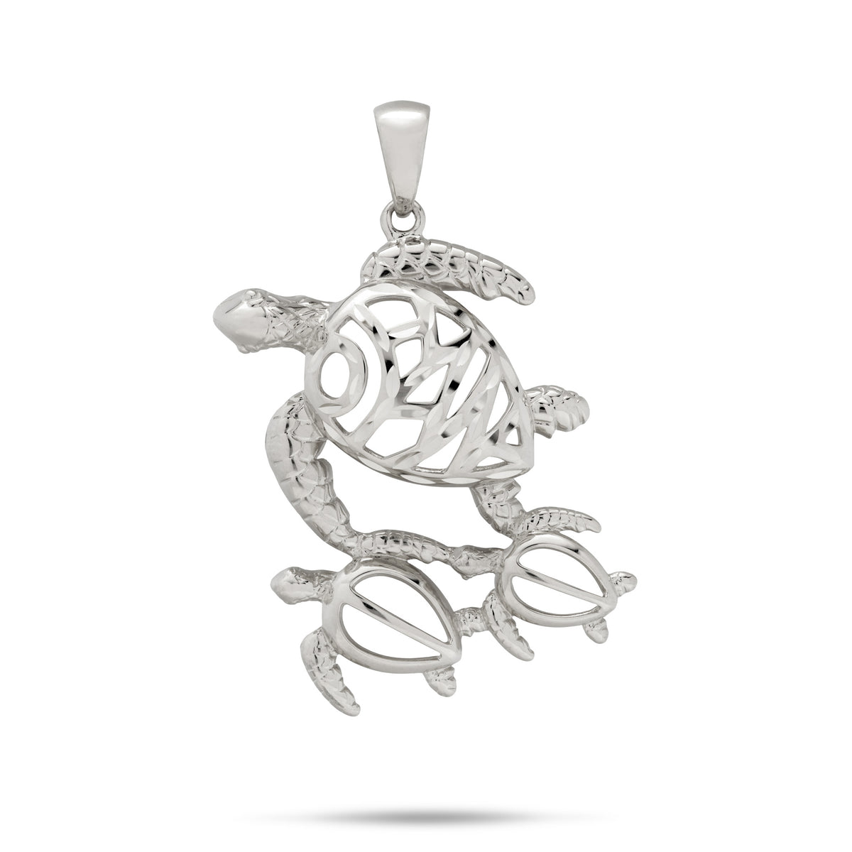 A 14k white gold pendant featuring a parent turtle with two baby turtles, cut out design that spells ʻOhana on the larger turtle accented with sparkling diamond cuts, against a white background. 