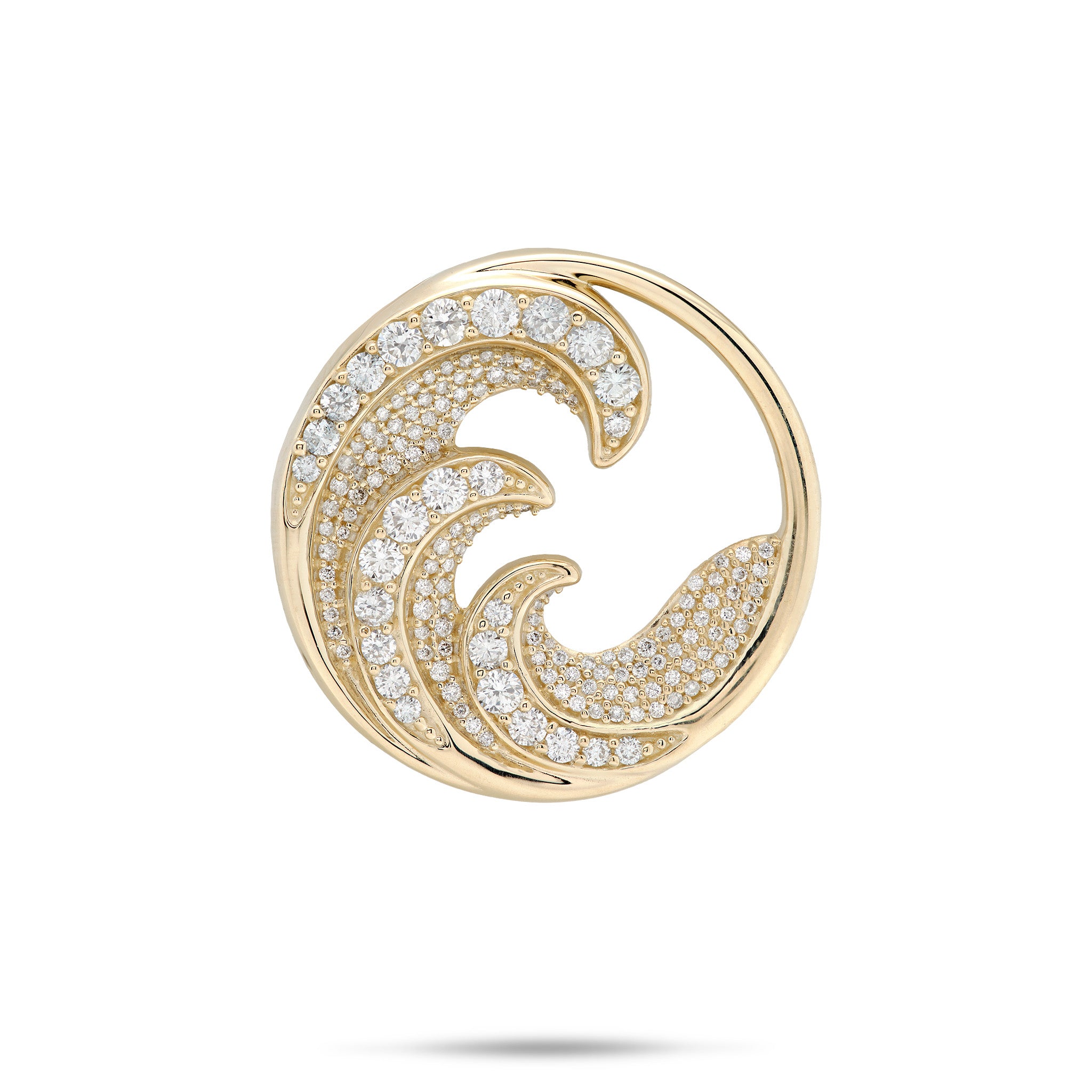 26mm Round, Diamond-encrusted Ocean Wave Pendant in high-polish 14k Yellow Gold on a white background