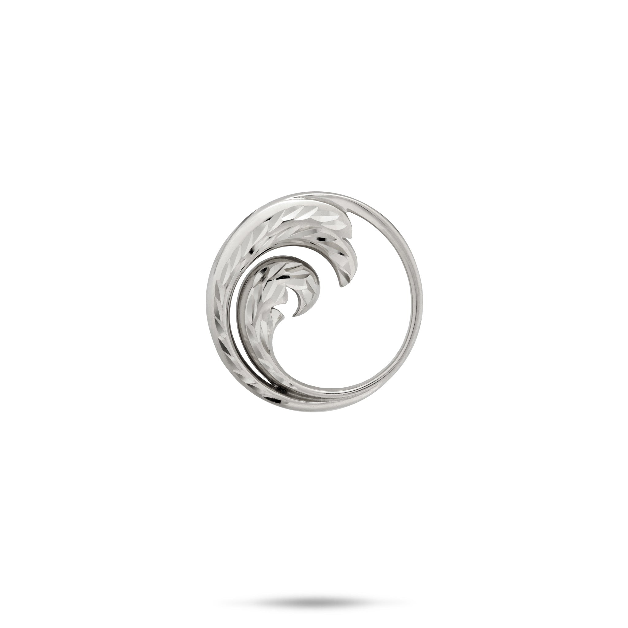 18mm Round, Diamond-Cut Ocean Wave Pendant in 14k White Gold on a white background