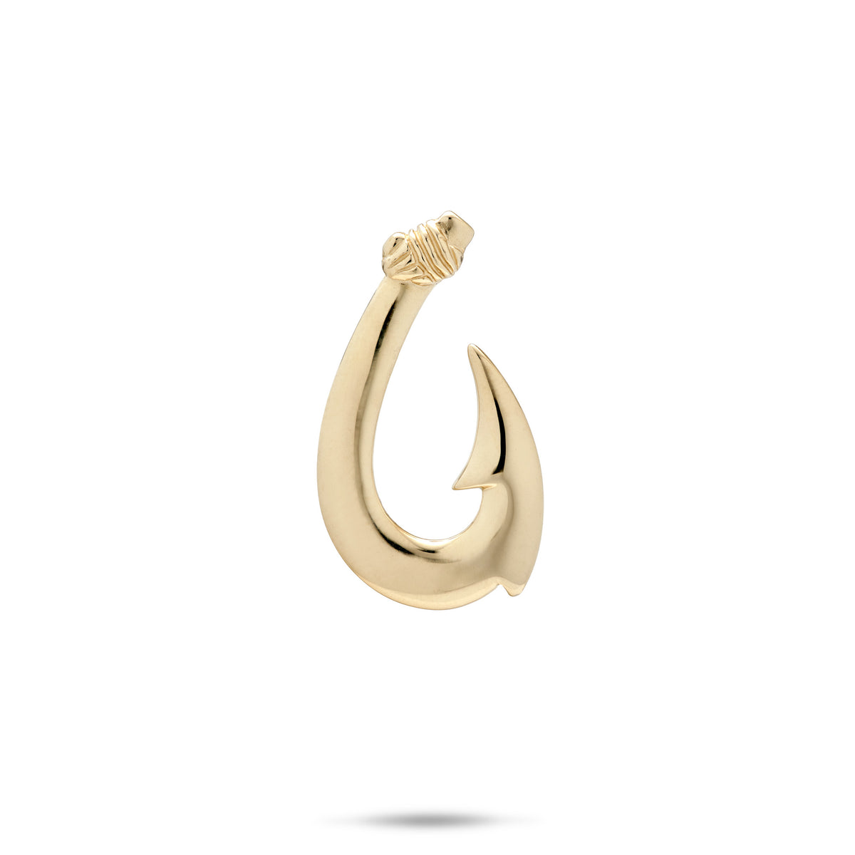 A polished fishhook pendant in 14k yellow gold shown against a white background.