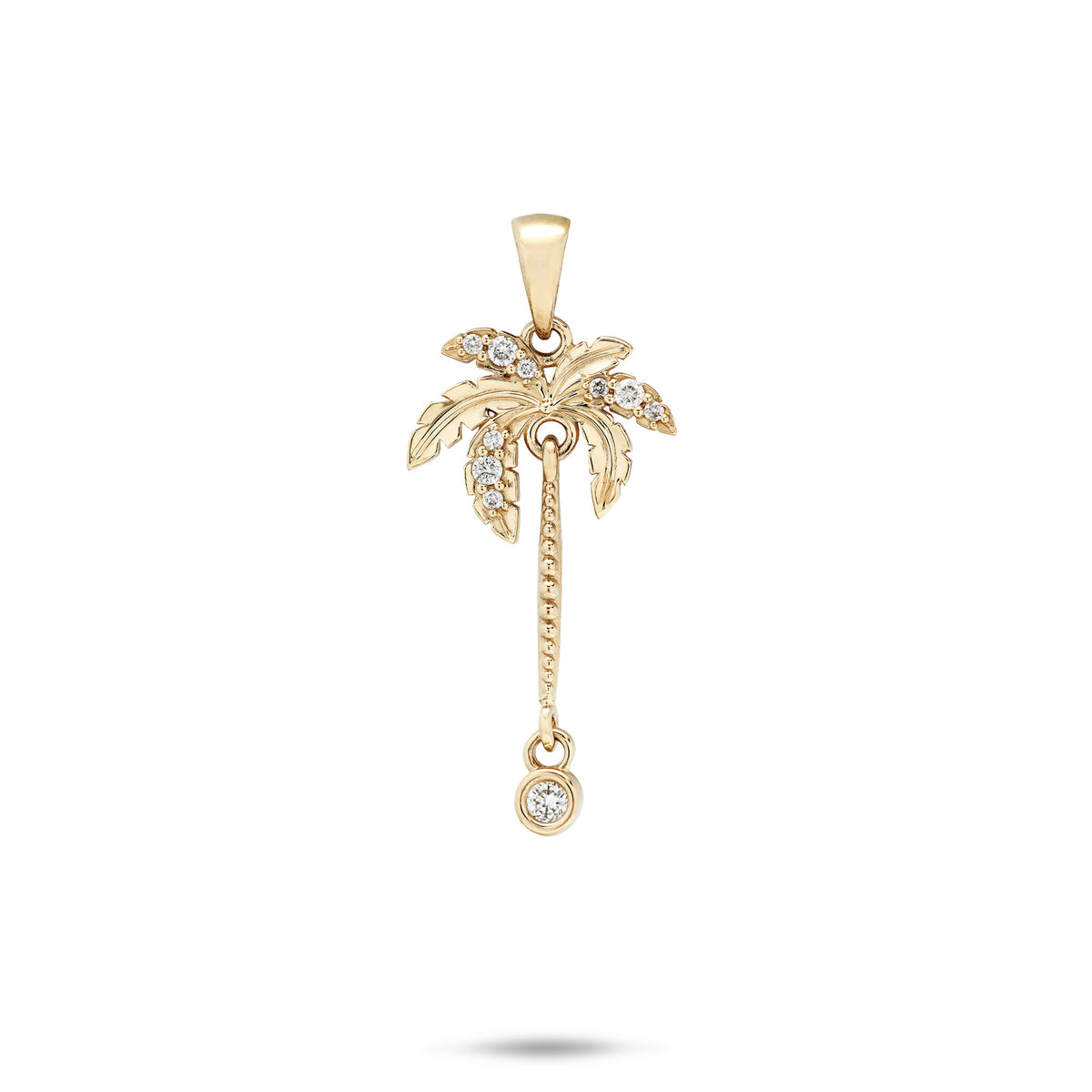 A 14k gold pendant shaped like a palm tree, featuring diamonds set along the leaves and a round bevel set diamond hanging from the bottom of the trunk, shown on a white background.