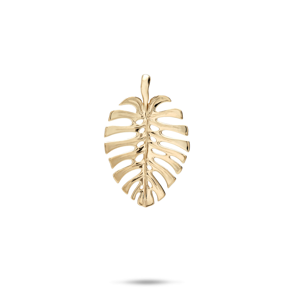 A polished 14k gold pendant shaped like a monstera leaf, centered on a white background.