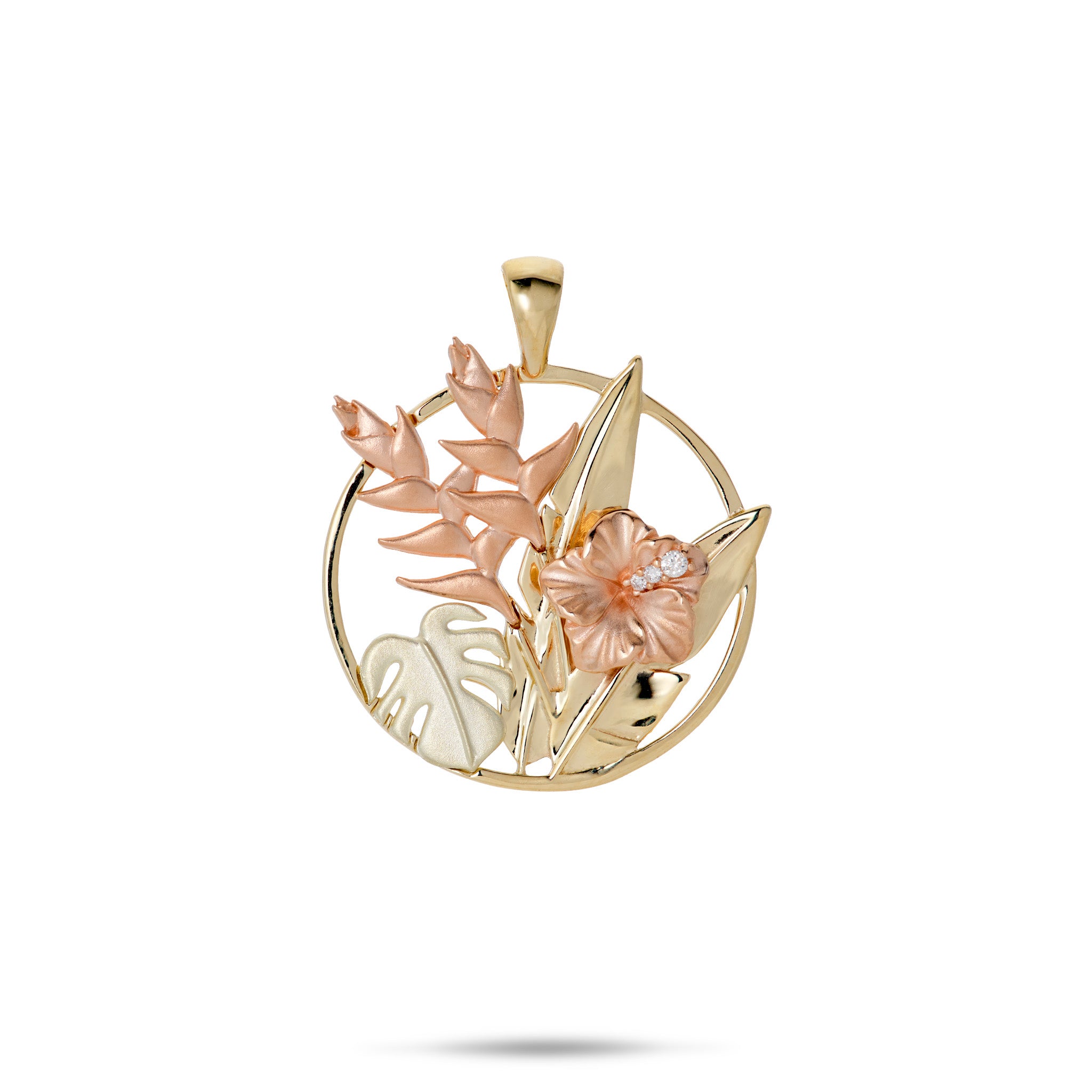 20mm Round Hawaiian Gardens Pendant with Yellow, Rose and Green gold Heliconia, Hibiscus, Monstera and Banana Leaves