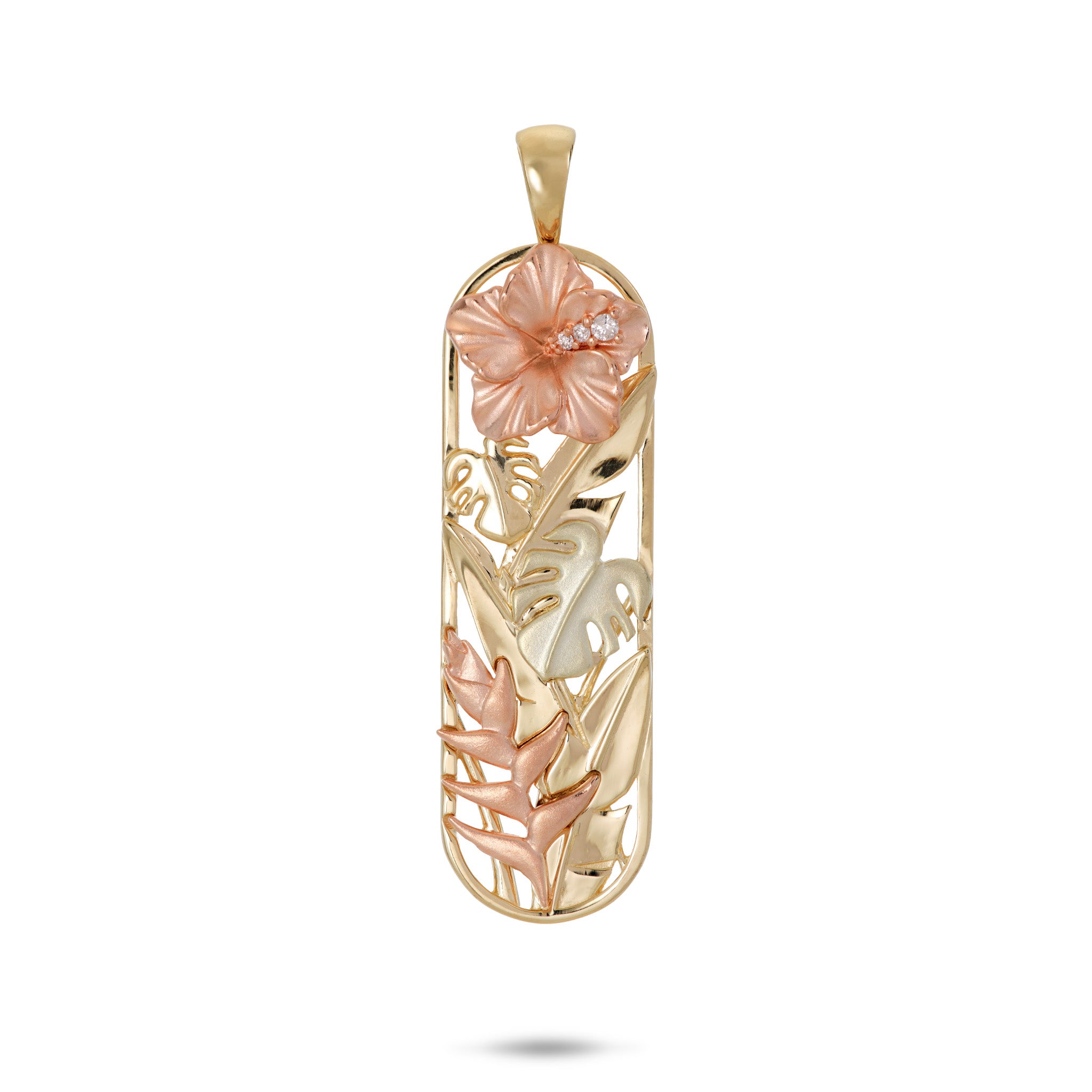 32mm Hawaiian Gardens Hibiscus, Monstera, and Heliconia Pendant in 14k Yellow, Green, and Rose Gold with Diamonds