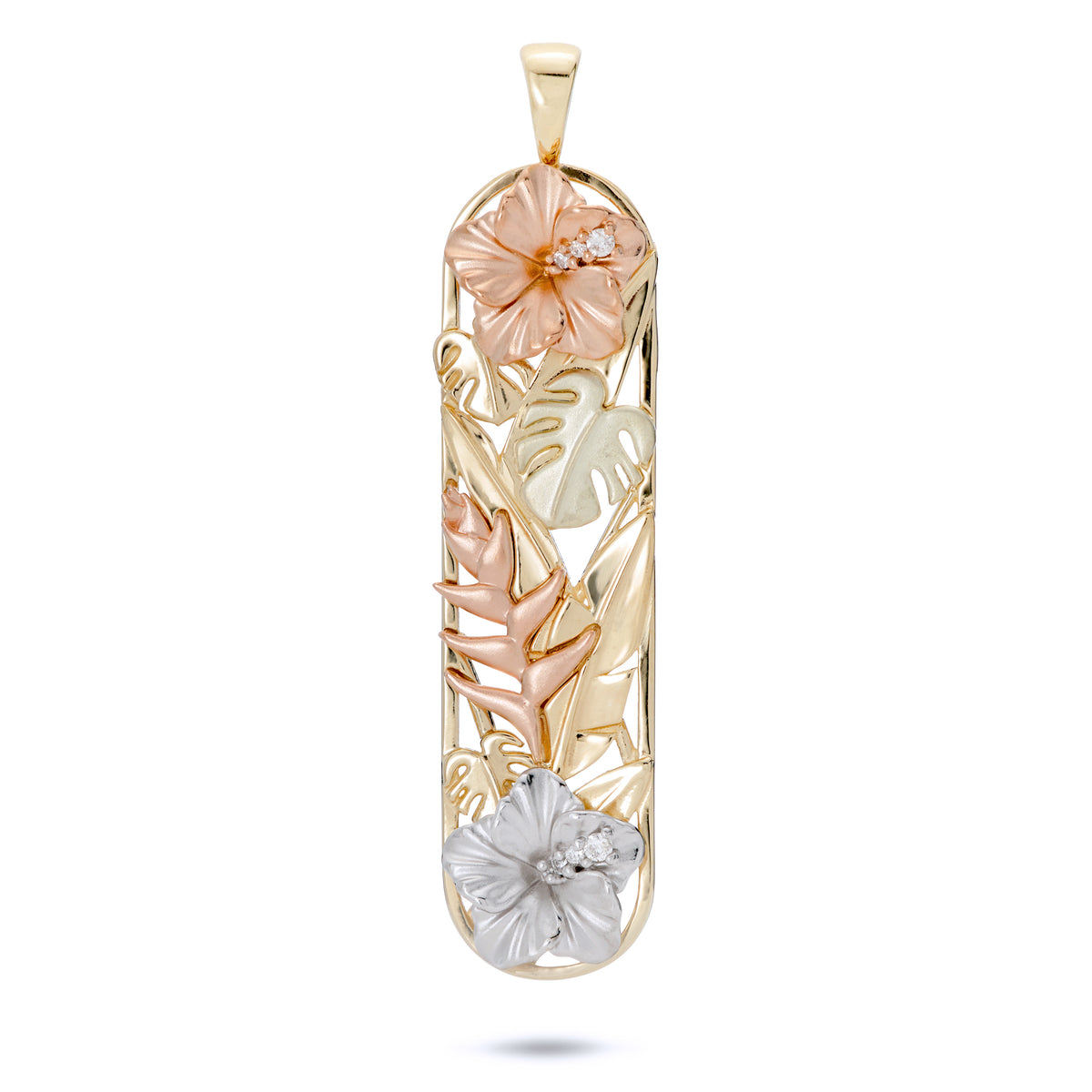 38mm Hawaiian Gardens Pendant with 14k yellow gold round vertical bar design, high-polish banana leaves and monstera, diamond rose gold hibiscus, rose gold heliconia, green gold monstera, and diamond white gold hibiscus on a white background