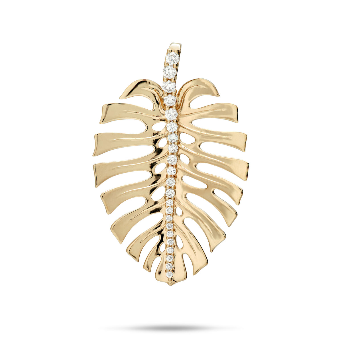 A polished 14k gold pendant shaped like a monstera leaf with a row of diamonds going down the spine of the leaf, centered on a white background.