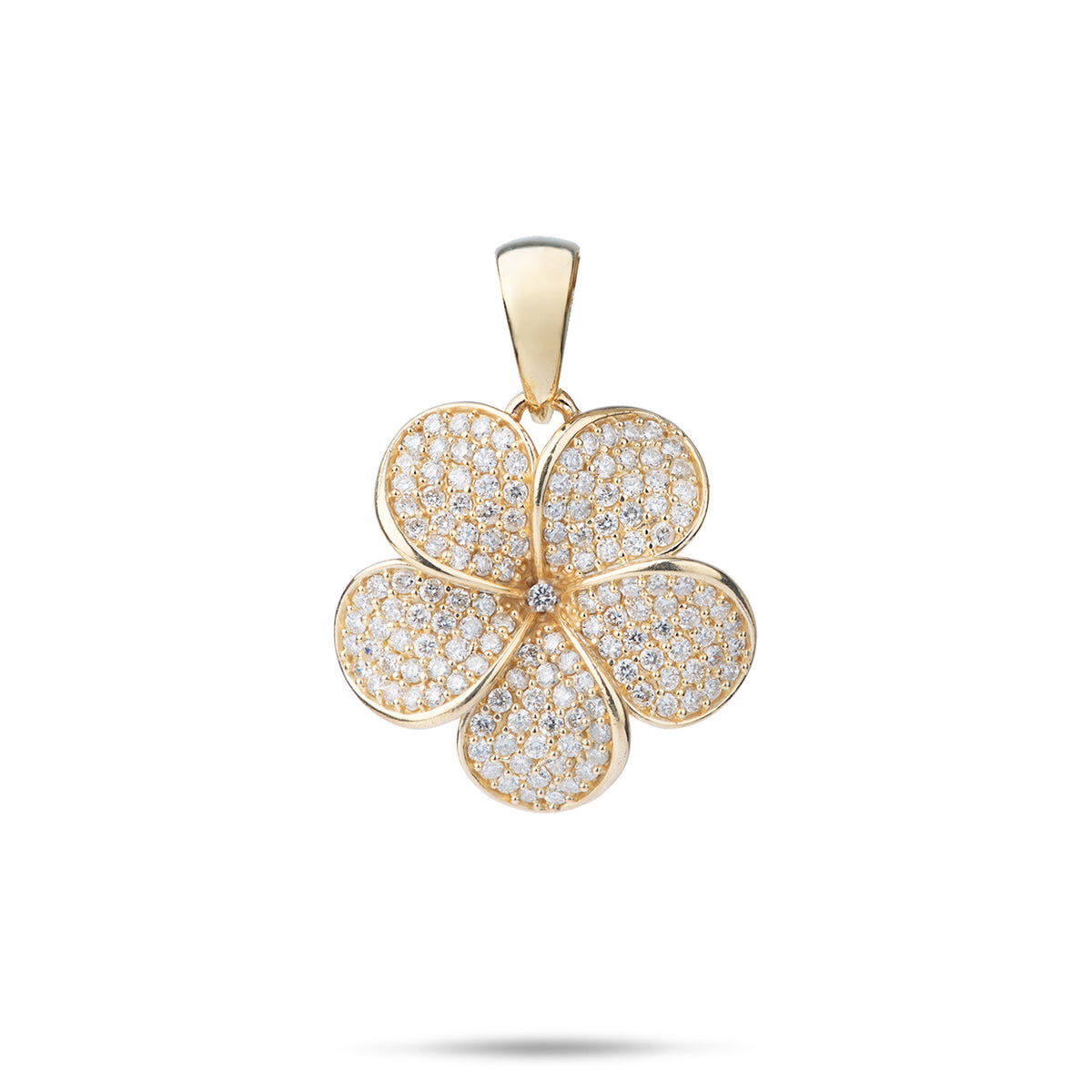 20mm Plumeria Pendant in 14k yellow Gold with pave set diamonds on all five petals, placed on a white background