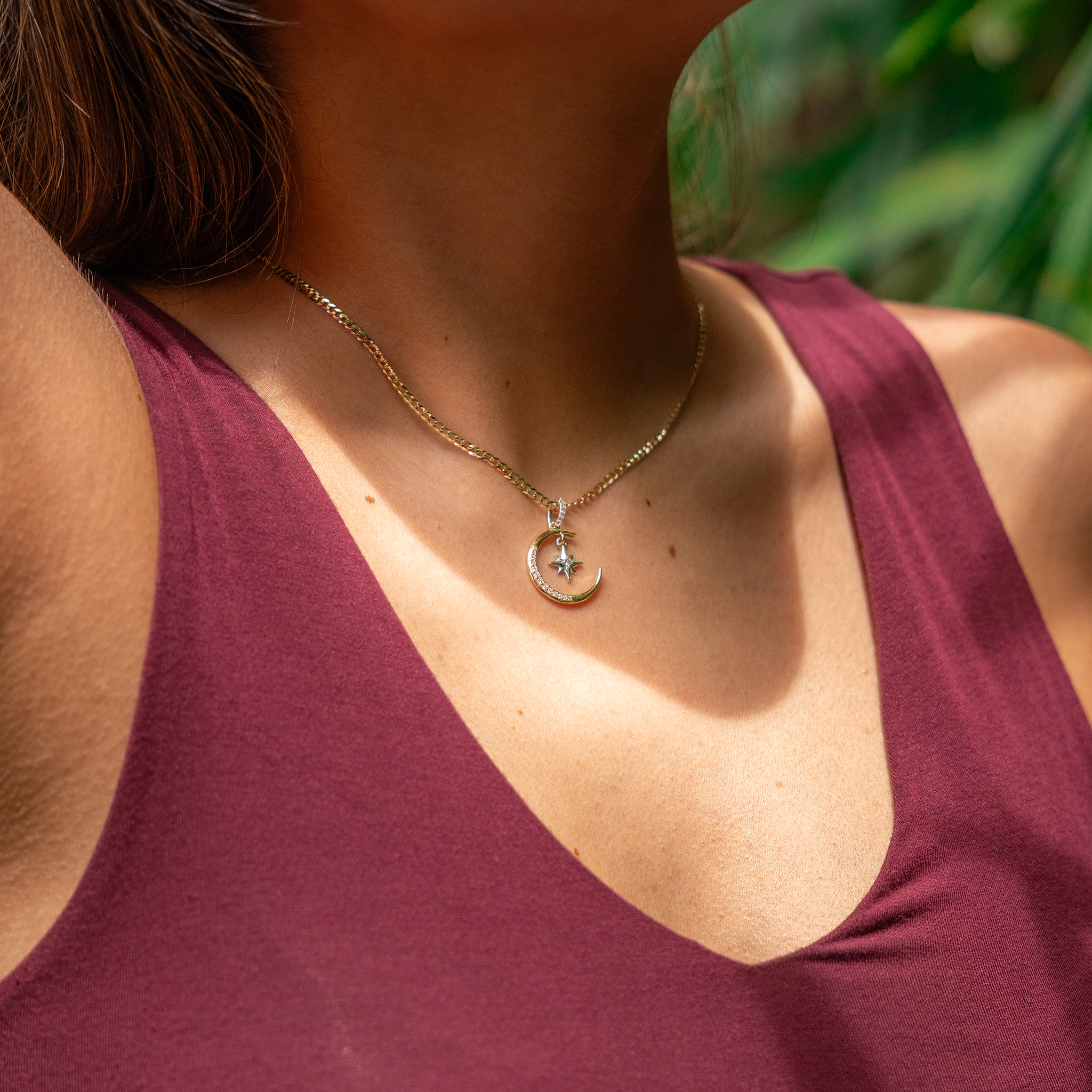 月 & Star Mermaid Pendant in Diamonds - 19.5mm の 2 本トーン・ゴールド