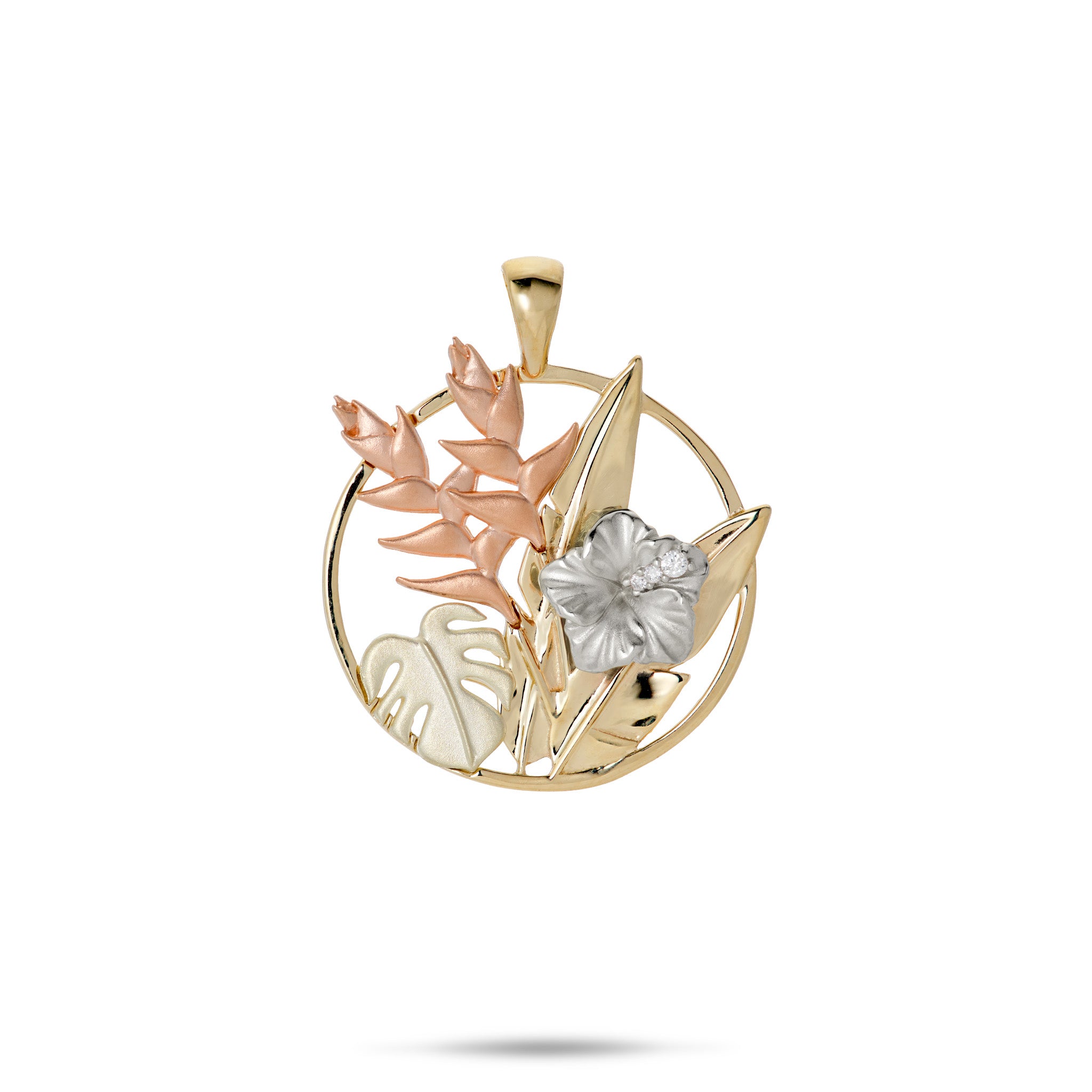 20mm Hibiscus, Monstera, Heliconia Pendant in 14k Yellow, Green, Rose, and White Gold with Diamonds