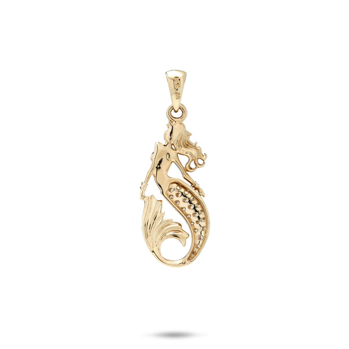 Backside of a 14k yellow gold mermaid pendant 