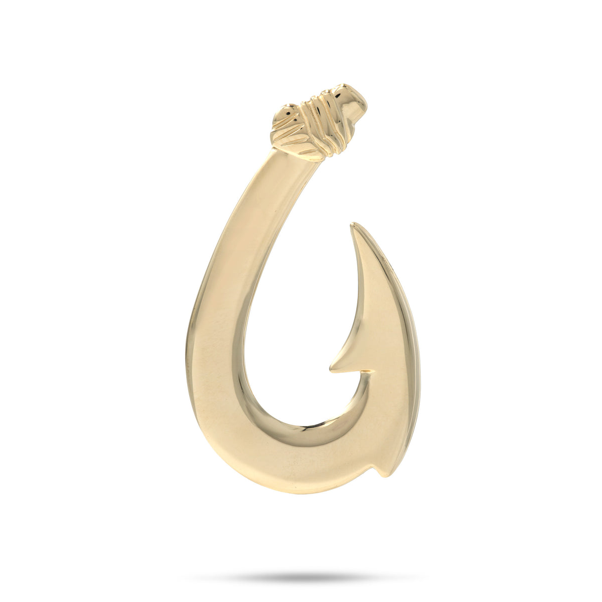 35mm Fish Hook Pendant in 14k Gold with high polish finish on white a background