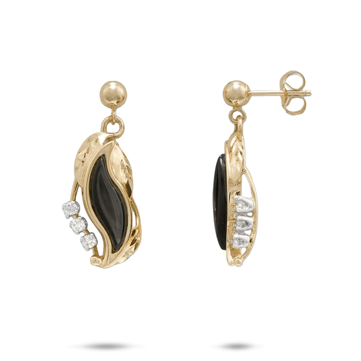 19mm Paradise Black Coral Earrings in 14k yellow Gold with three natural diamonds on each side, earring hangs from ball posts, placed on a white background