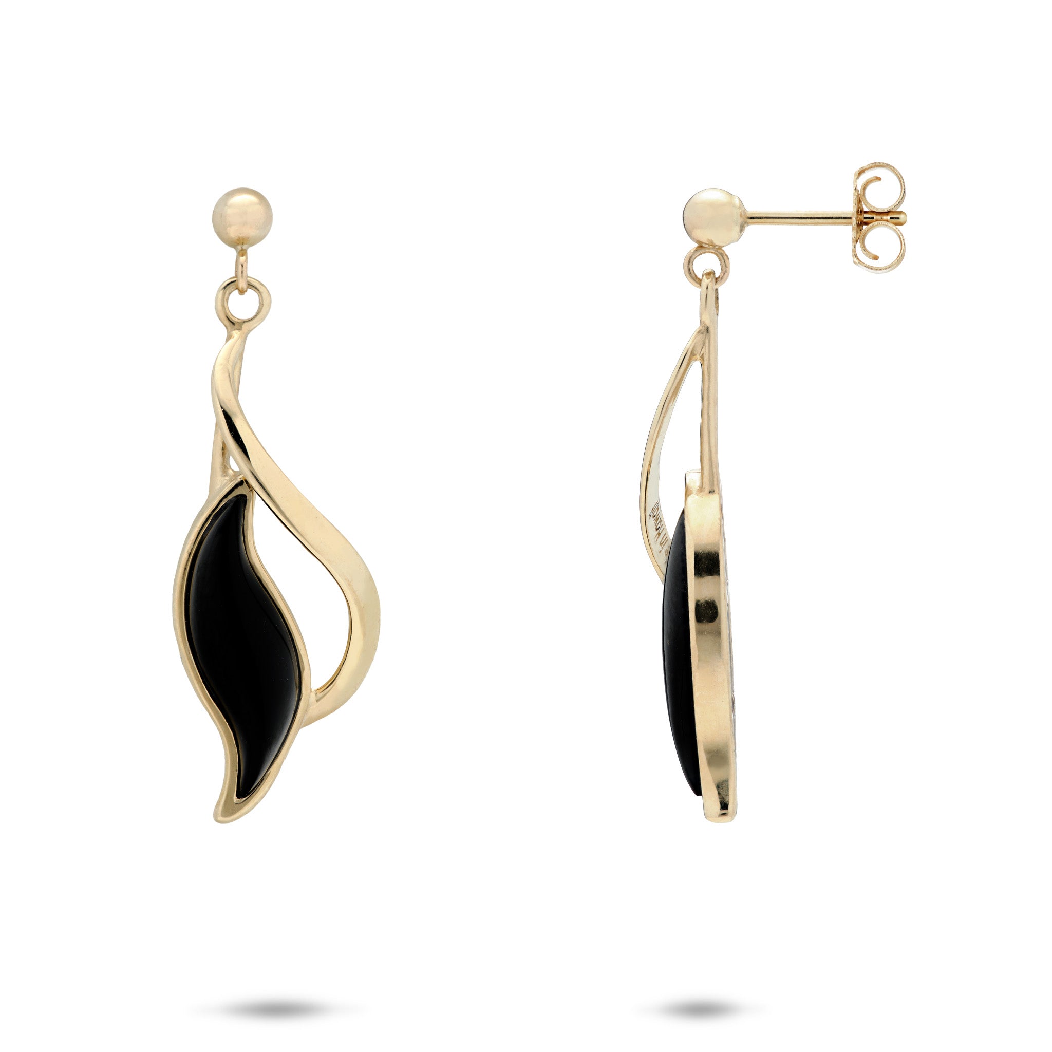 Paradise Collection Wavy Hawaiian Black Coral Inlay Ball-Post Earrings in 14k Yellow Gold on a white background