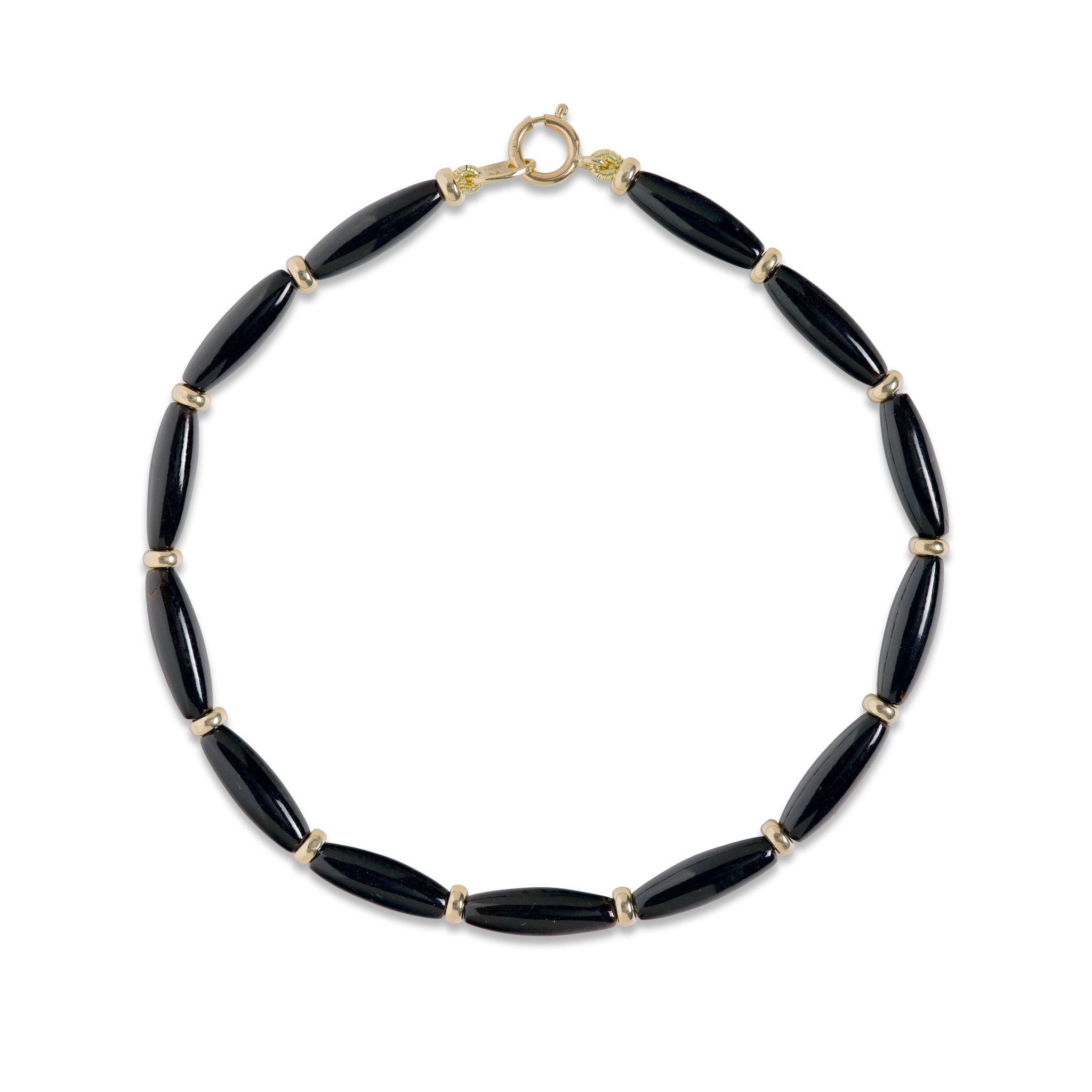 A beaded bracelet featuring glossy Hawaiian black coral oval beads separated by small gold spacer rings, completed with a 14k yellow gold O-ring clasp, shown on a plain white background.