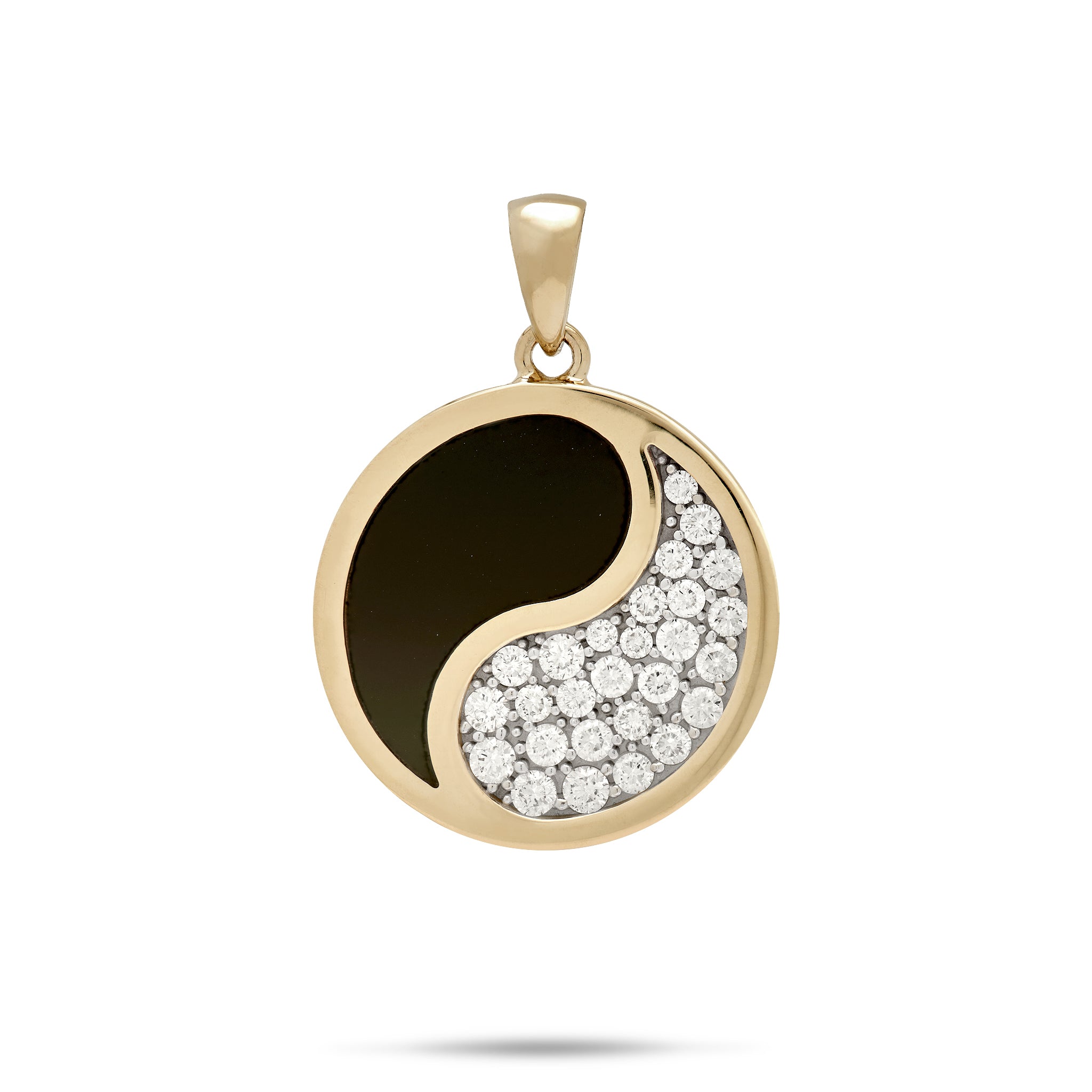 22mm Round Yin Yang Pendant with Hawaiian black coral inlay and natural diamonds and high-polish bail on white background