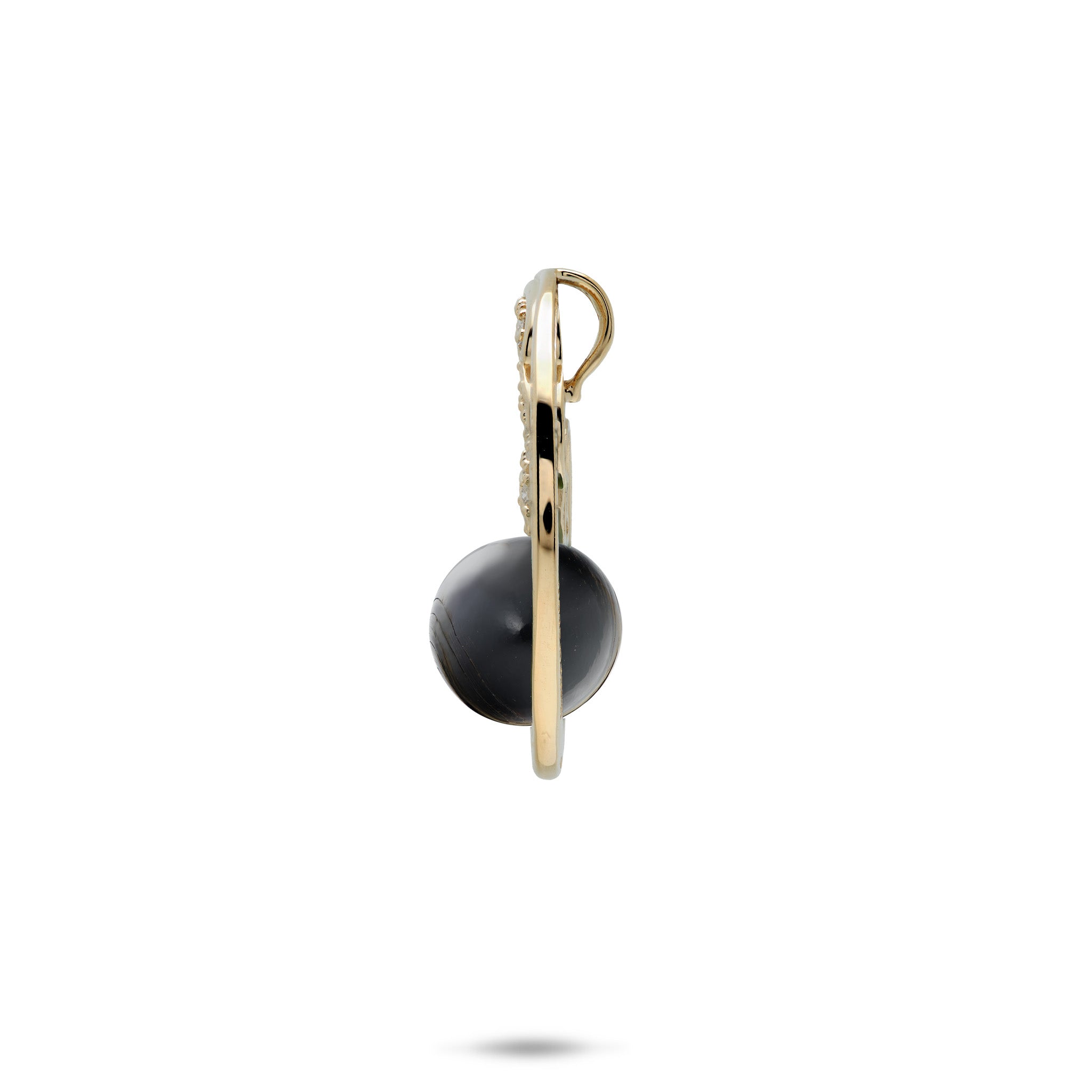 Side view of a 24mm High-polish, Round, Diamond Ocean Wave Pendant with Hawaiian Black Coral Bead on a white background