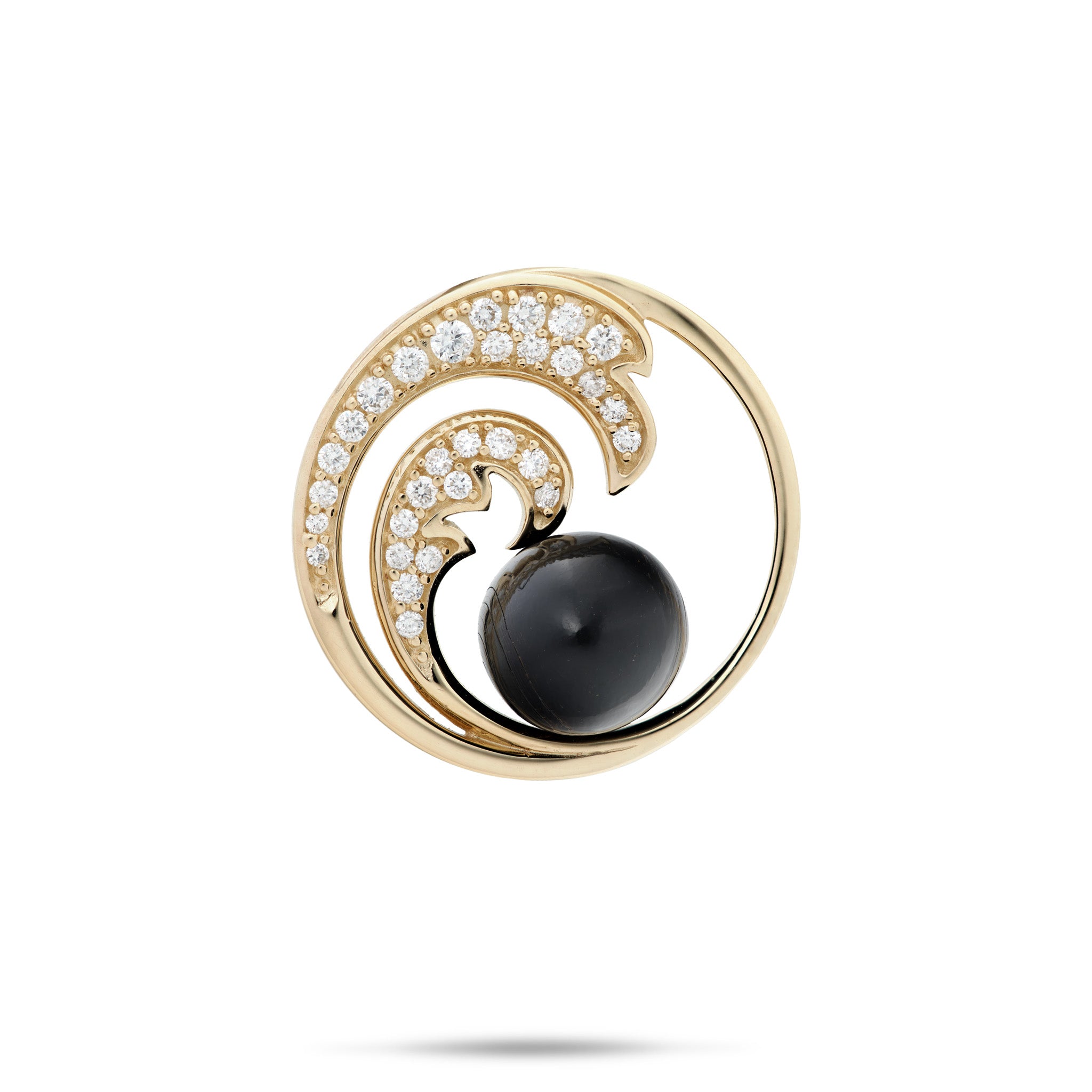 24mm High-polish, Round, Diamond Ocean Wave Pendant with Hawaiian Black Coral Bead on a white background