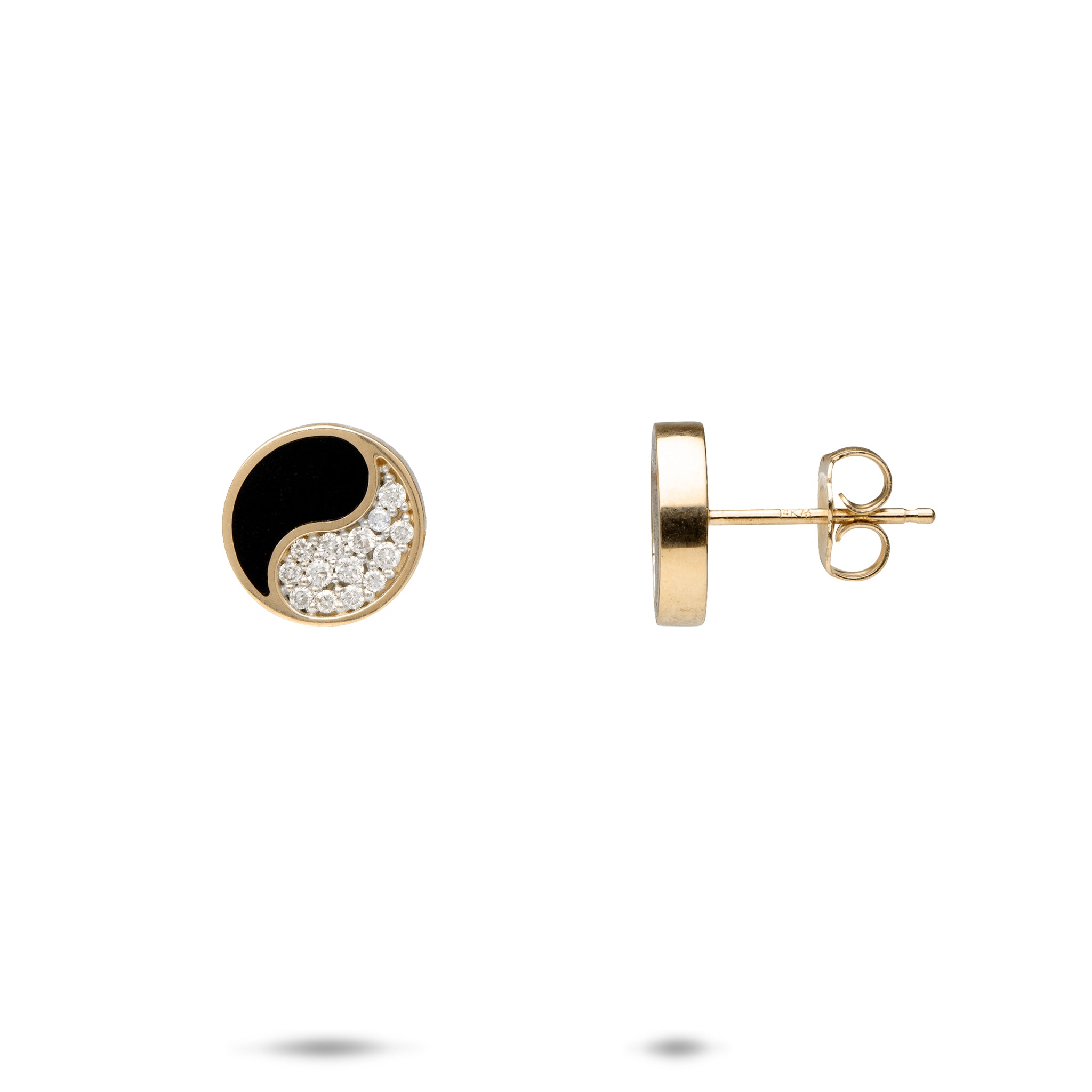 ダイヤモンドと金の陰陽の黒いコーラルイヤリング -  10mm