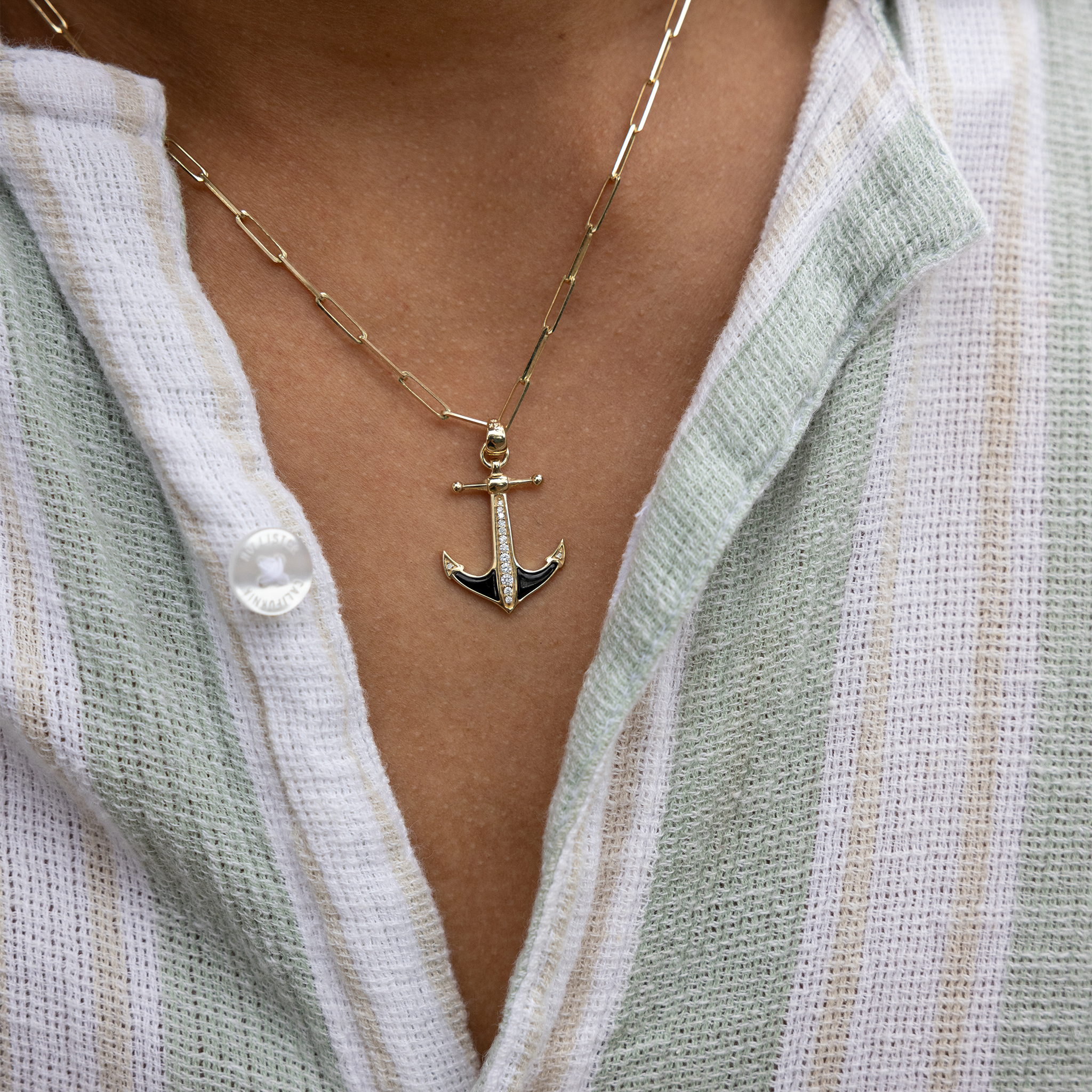 Sealife Anchor Black Coral Pendant in Gold with Diamonds - 21mm