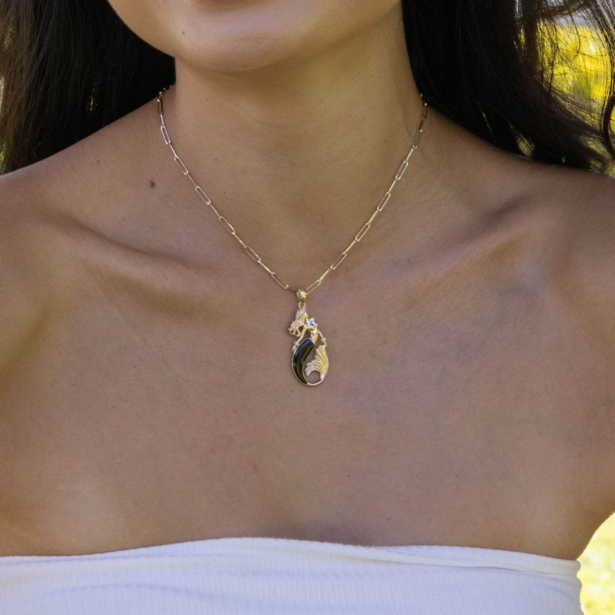 Sealife Mermaid Black Coral Pendant in Gold with Diamonds - 35mm