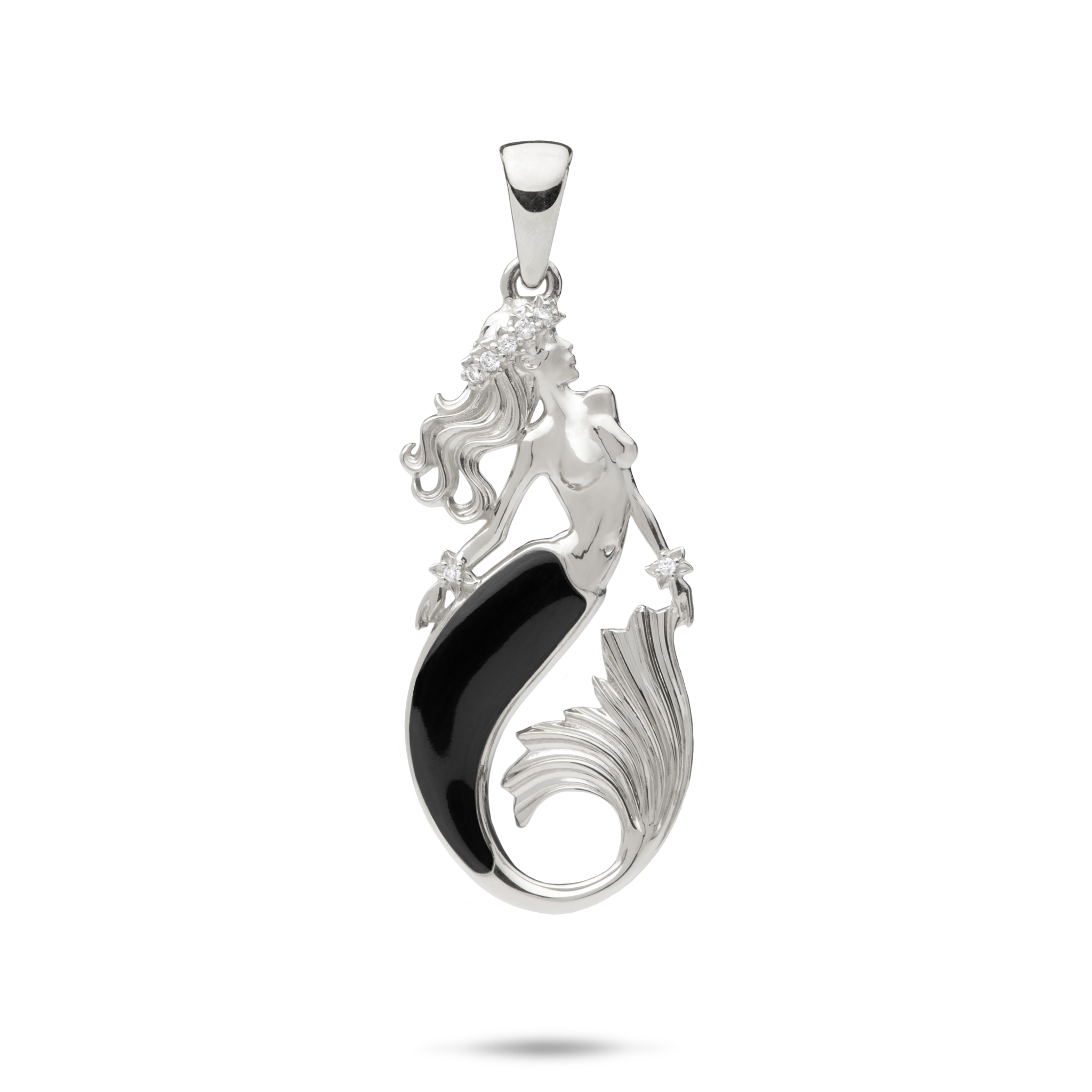 Sealife Mermaid Black Coral Pendant in White Gold with Diamonds - 29mm
